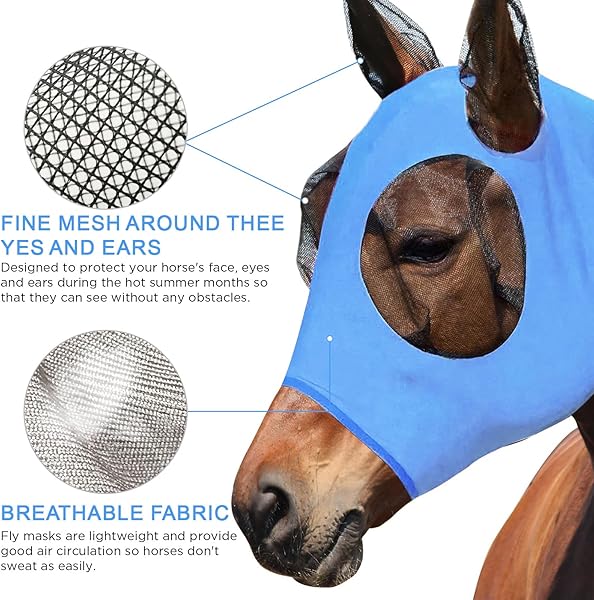 dellyy Masque Anti Mouche Cheval, Masque Mouche Cheval, élastique Protection Mouche, Bonnet Anti Mouche Cheval Protection UV, Bonnet Anti Mouche Cheval (Bleu) - 3