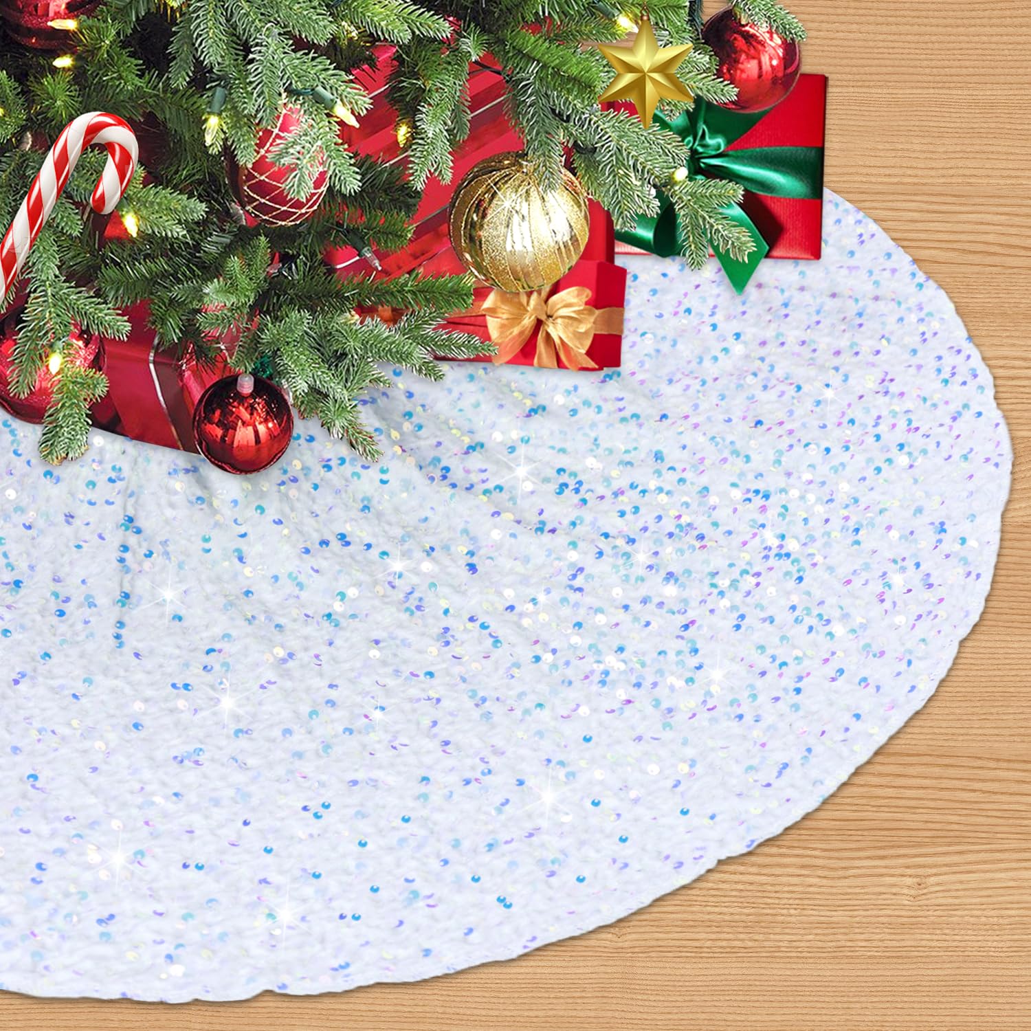 Iridescent White Velvet Tree Skirt 21 Inches Silver Christmas Trees Skirts Sequined Tree Skirt for Small Xmas Tree Glitter Trees Stand Cover Skirts for Santa Claus Tree Base Collar Christmas Decor