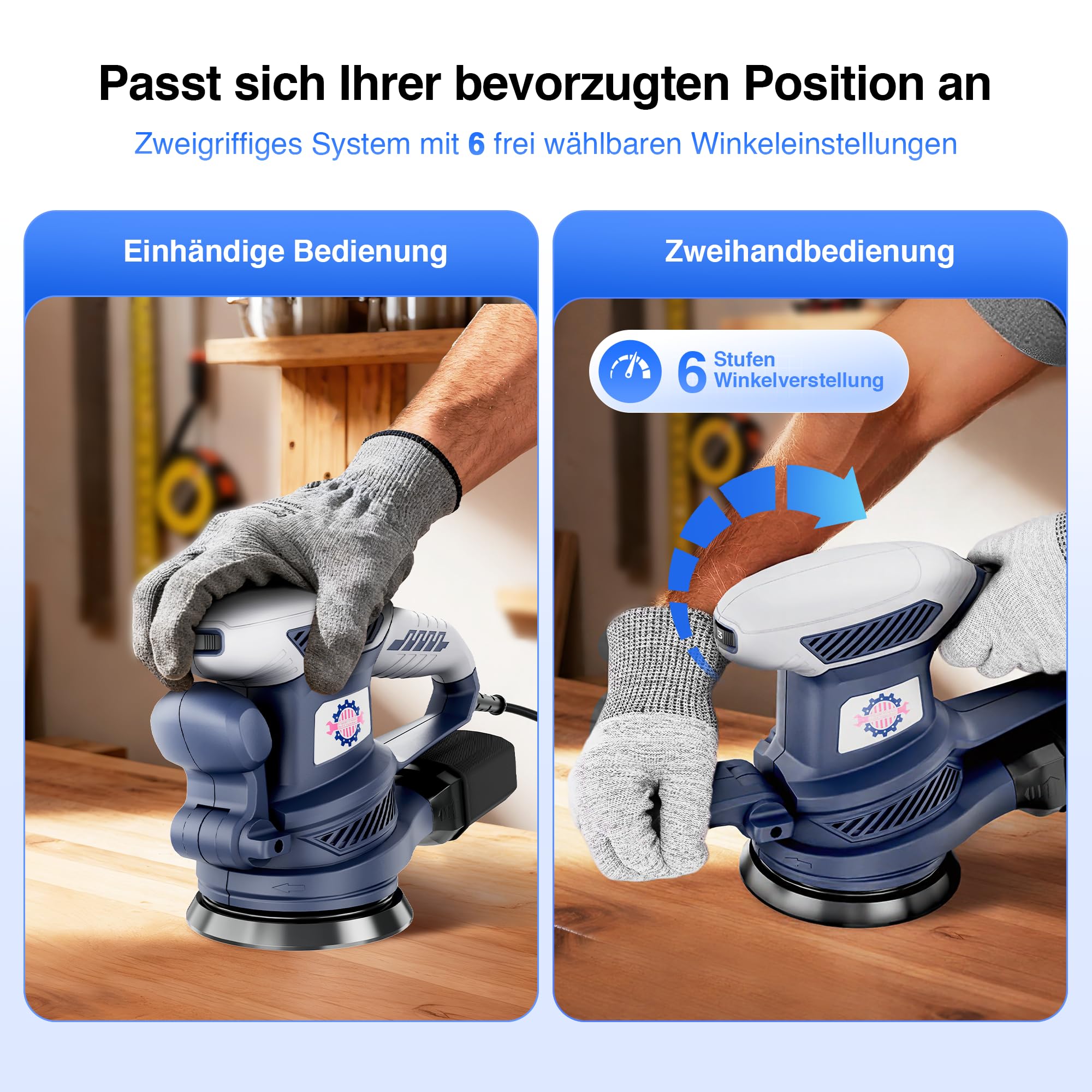 Exzenterschleifer 450W mit Bremse, 125mm Schleifmaschine für Holz mit Staubabsaugung, Schleifmaschine mit Verstellbarem Griff, 15 Schleifpapier, 6 Geschwindigkeiten 13000 U/min