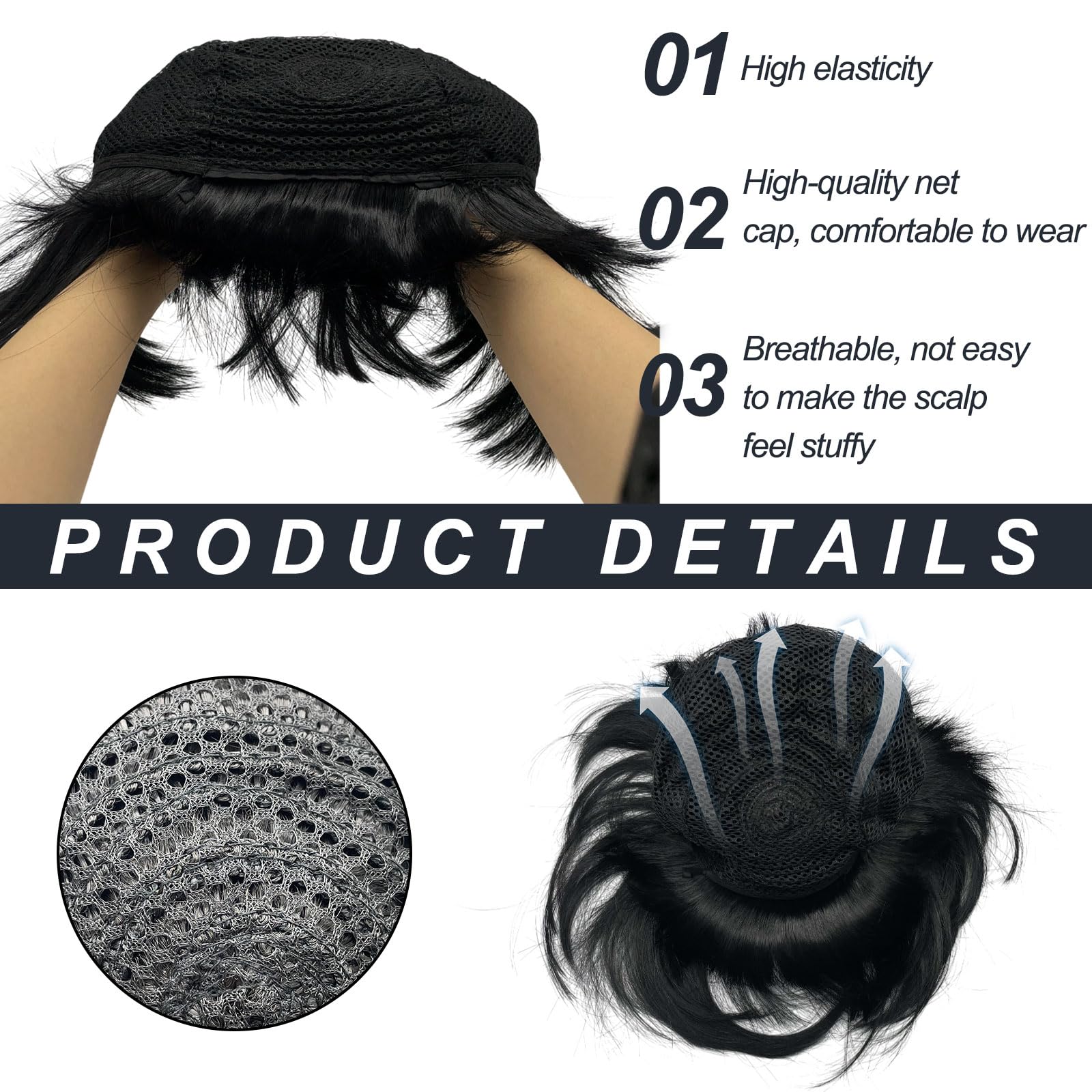 UILYNIU 3 Pieces Black Bob Wig 60s Rock Sergeant Set Black Short Wig Coloured Round Glasses Moustache Fancy Dress Accessory Kit 60s Pop Sergeant Halloween Party Dress Up Wigs - Image 3