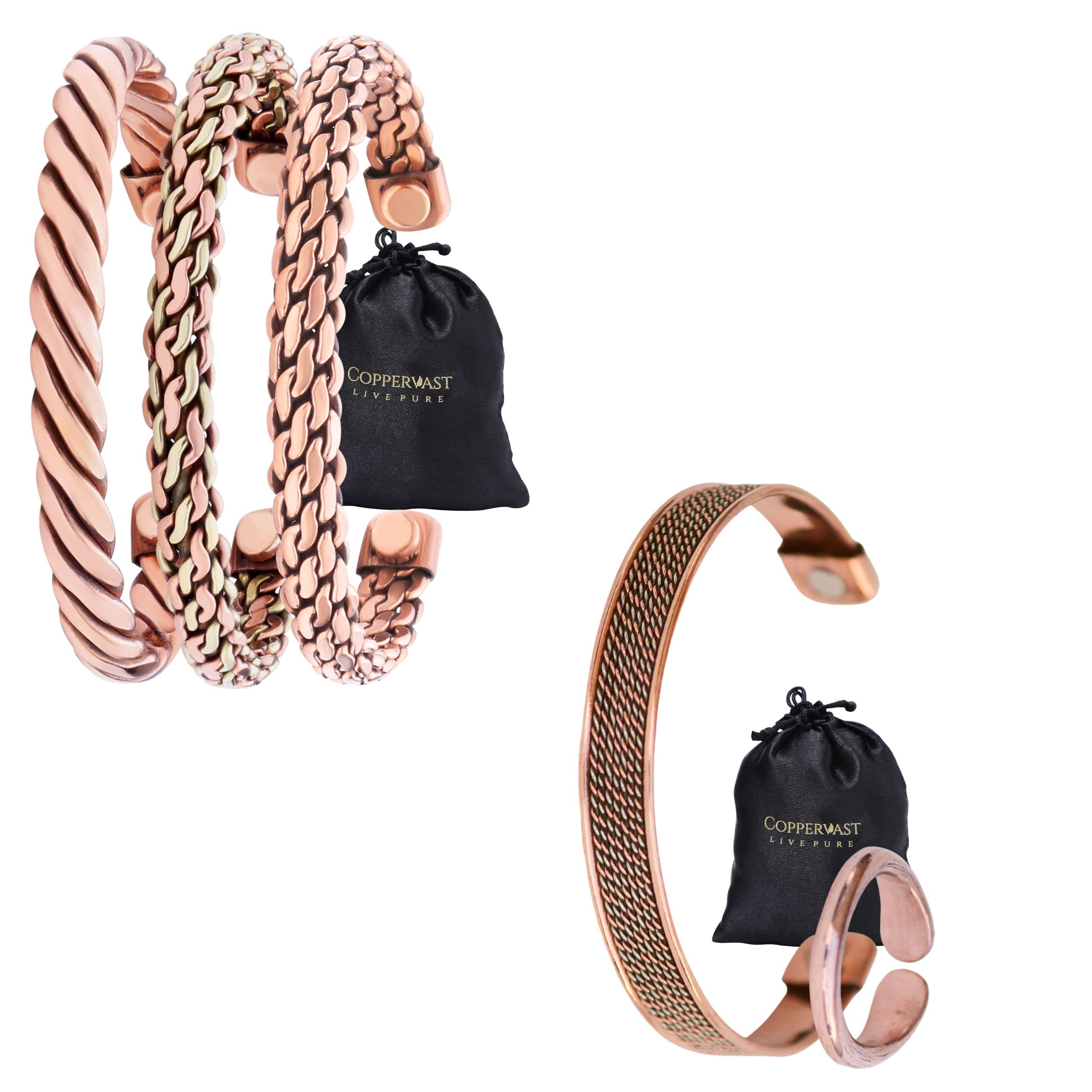 Set of 3- Men Copper Bracelets + Copper Bracelet with Copper Ring | Arthritis-Magnetic Therapy Effective & Natural Relief