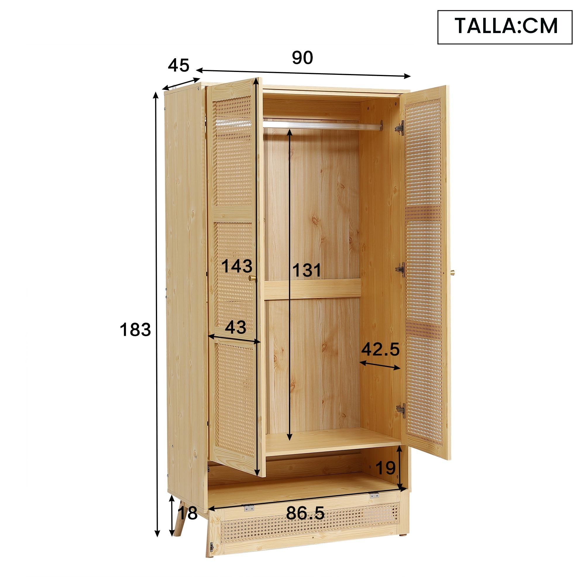 Azkoeesy Armario de dos puertas de ratán trenzado con base abatible multiusos, barra metálica, alta transpirabilidad, 90 x 45 x 183 cm, natural, ideal para dormitorio y salón