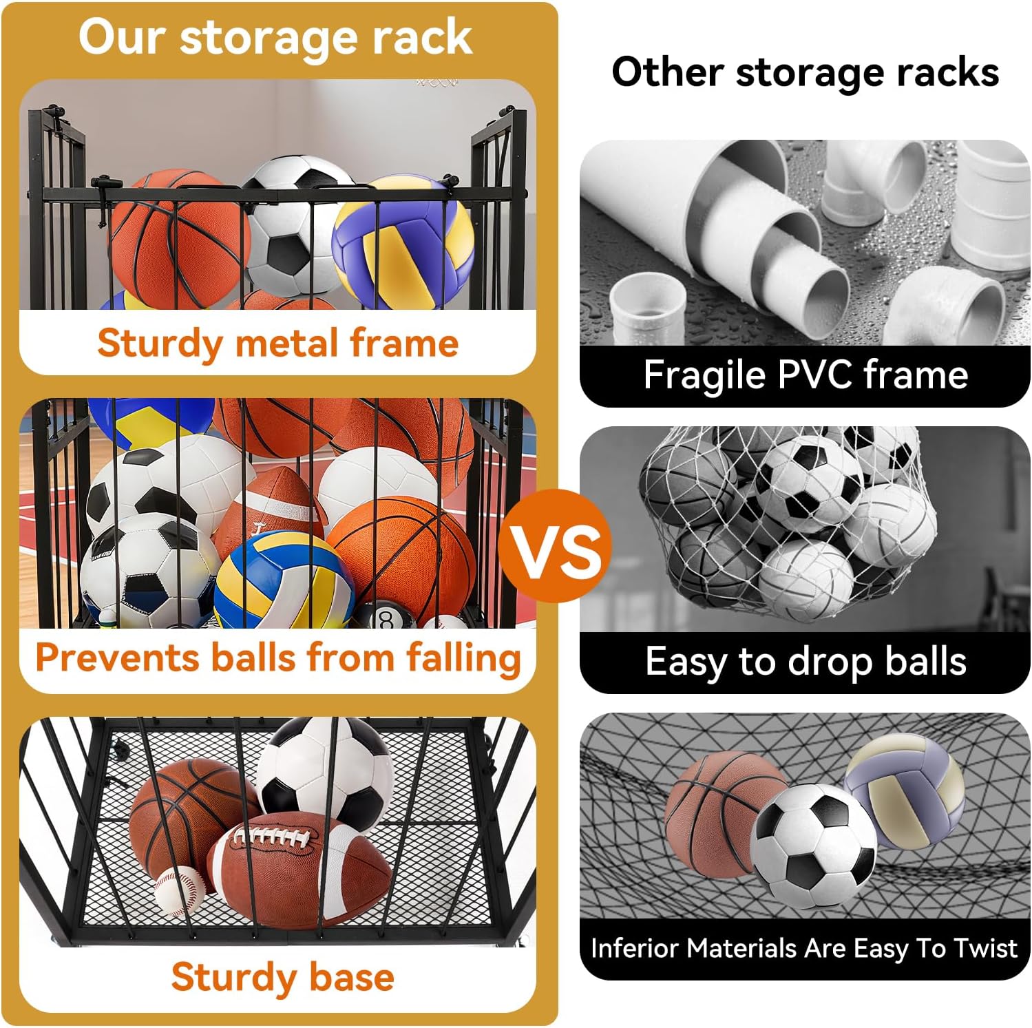Garage Ball Storage Rack with Wheels & Elastic Rope – Organize Basketball, Soccer, Volleyball & Football – Large Capacity Ball Holder for Home, Garage & Gym – Rolling Sports Equipment Organizer