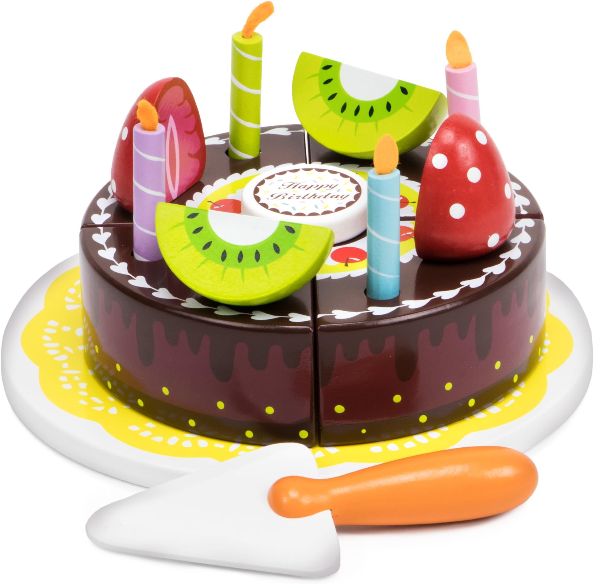 15 Piece Wood Happy Birthday Cake Set | Candles, Fruits, Serving Tool & Tray | Party Roleplaying for Kids | Chocolate