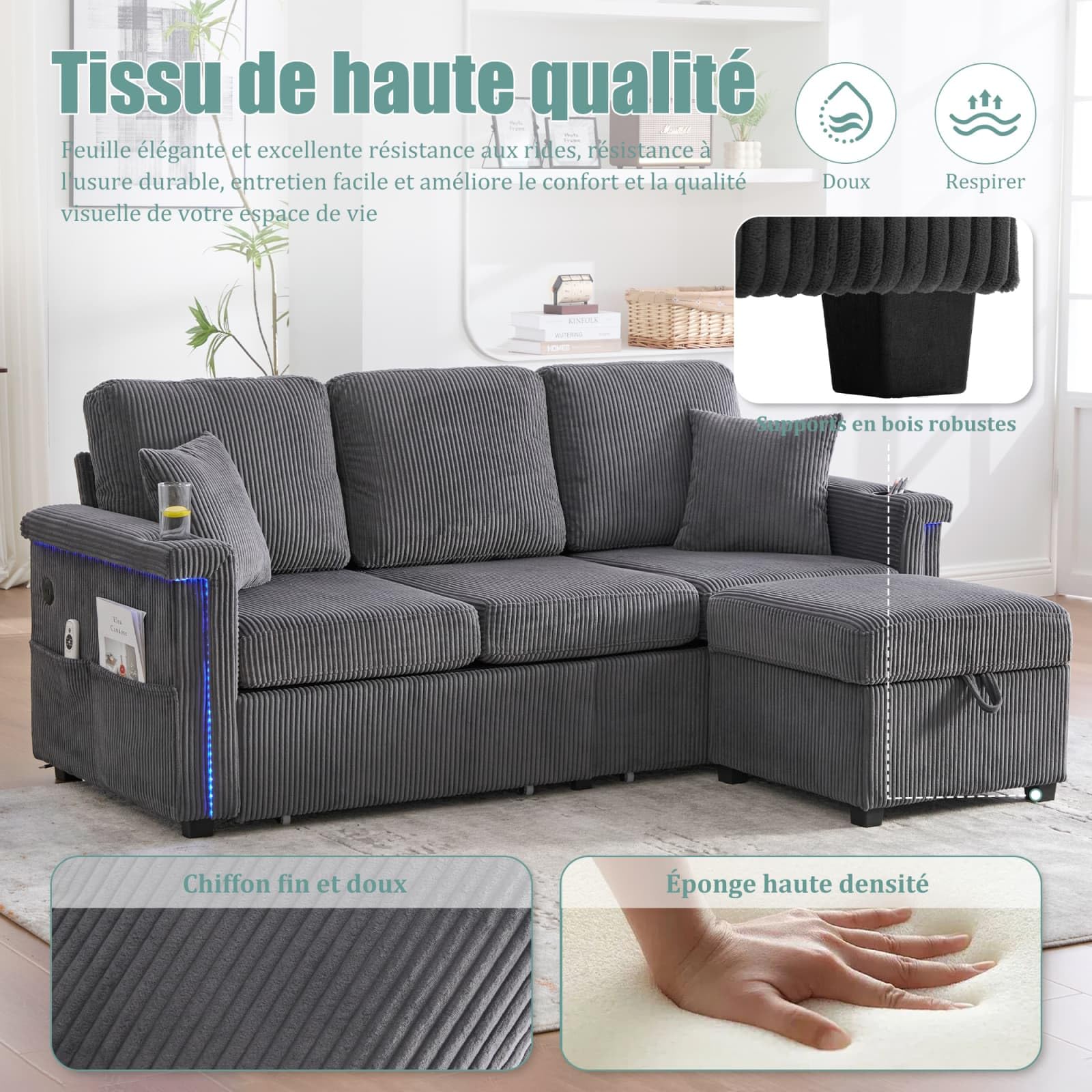 KOMHTOM Canapé 3 Places en L avec 2 Ttiroirs, Tabouret de Rangement, Lampe LED, Port USB/Type-C et Cadre en Bois - Canapé Velours Côtelé Multifonctionnel (Gris foncé, B)