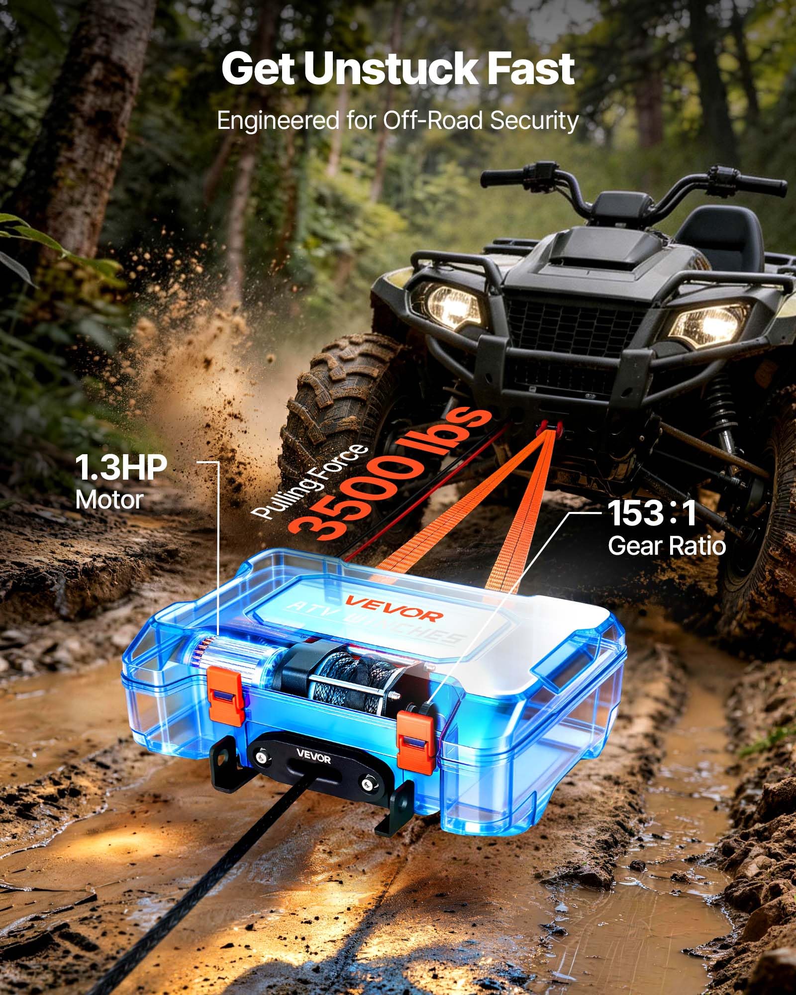 VEVOR Elektrische Seilwinde 12V, Mobile Seilwinde mit 1587kg Tragkraft & Fernbedienung, Tragbare Motorwinde mit Synthetikseil Seilführung Schäkelhaken Gurt Tragkiste, Elektrowinde für ATV UTV Offroad