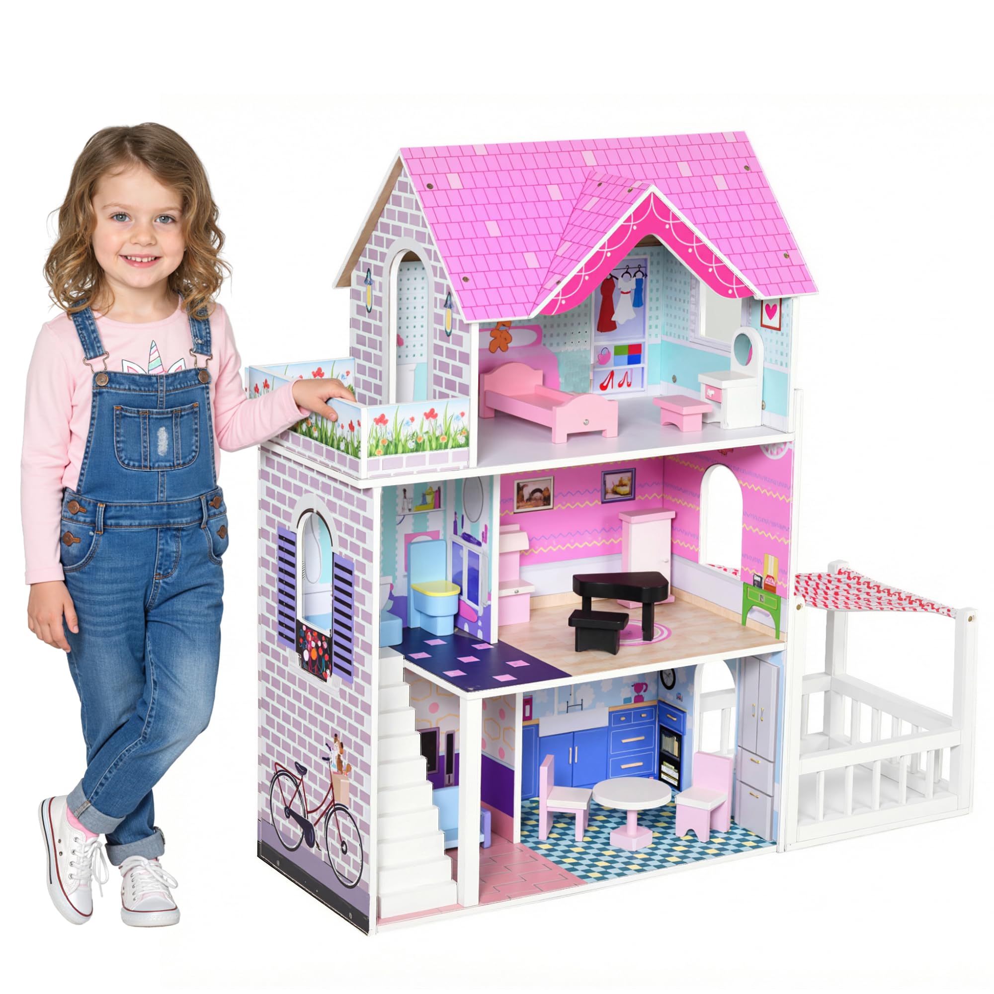 Barbie casa delle bambole in legno grande 118 cm – Gioco per bambini a 3 piani casa Barbie casa delle bambole in legno grande 118 cm – Gioco per bambini a 3 piani casa