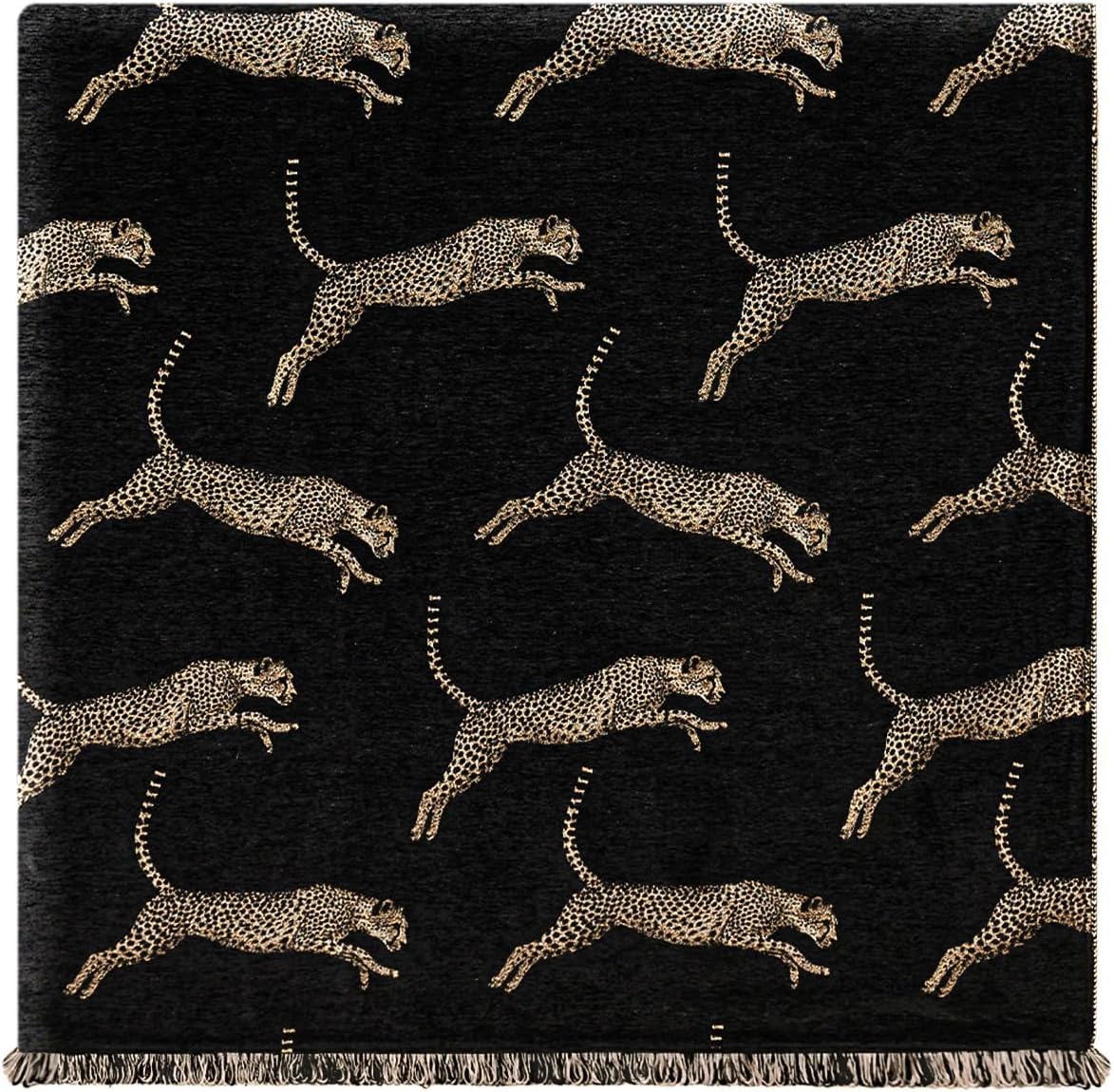Luxury Leopard Throw Blanket for Couch, Wild Animal Pattern Chenille Jacquard Weighted Blanket with Fringe, Vintage Home Decor Soft Fall Throw Blanket for Bed Sofa(52”x72”, Black)