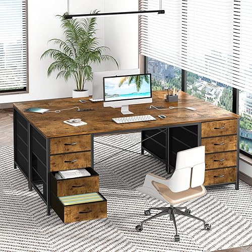 Miniatura 8 de Escritorio para computadora de 60 pulgadas con 8 cajones, escritorio de oficina en casa con tomas de corriente, escritorio de estudio de trabajo