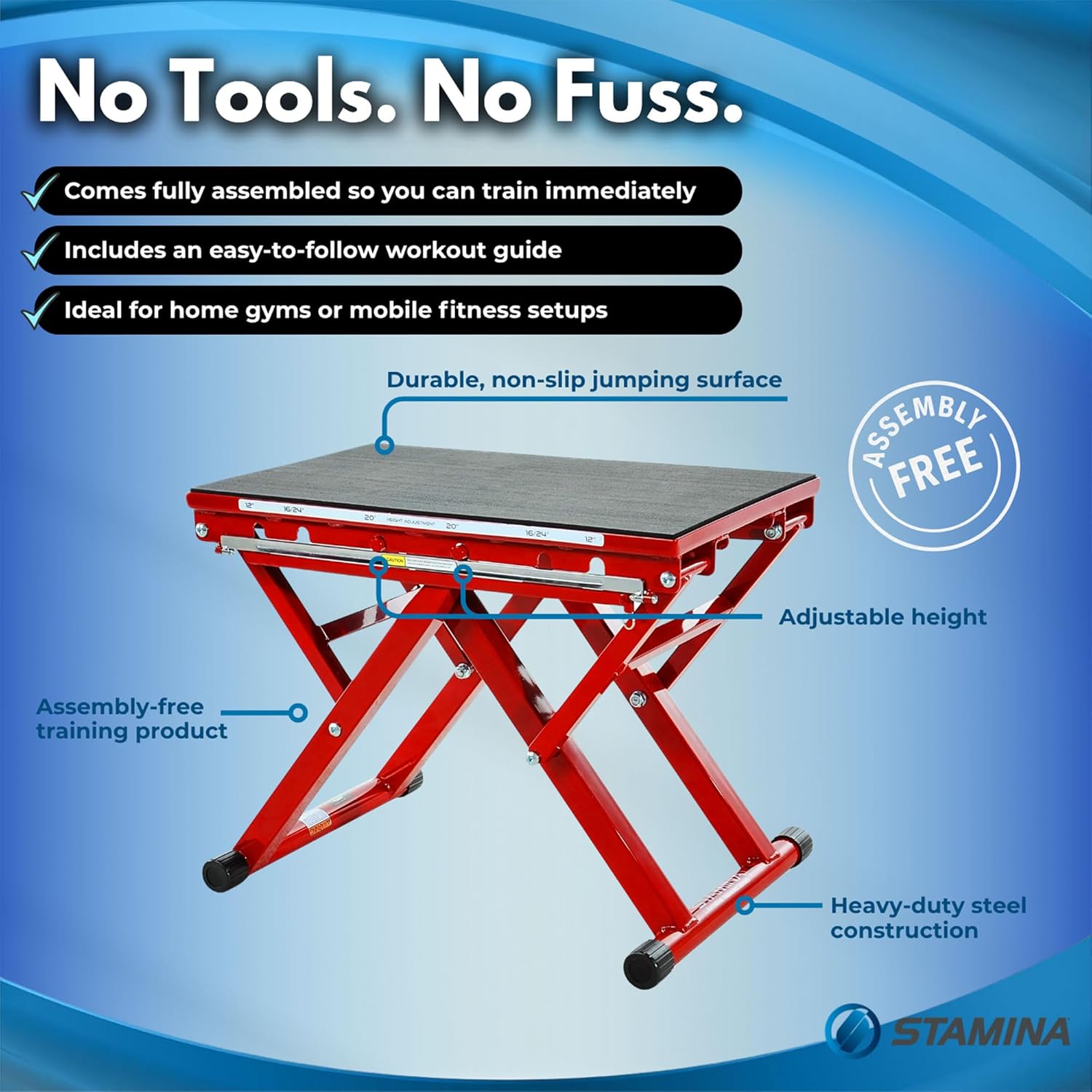 Stamina X 12" to 24" Adjustable Height Plyo Step Up Exercise Box For Home Workout with Access to Muuv, Non-Slip Surface and Workout Guide, Black/Red