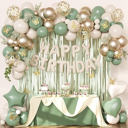 Sage Green Birthday Decorations with Happy Birthday Banner Sage Green Biege Gold Balloons Confetti Foil Balloons Gold Butterfly Fringe Curtains, Green Birthday Party Decorations for Women Girls