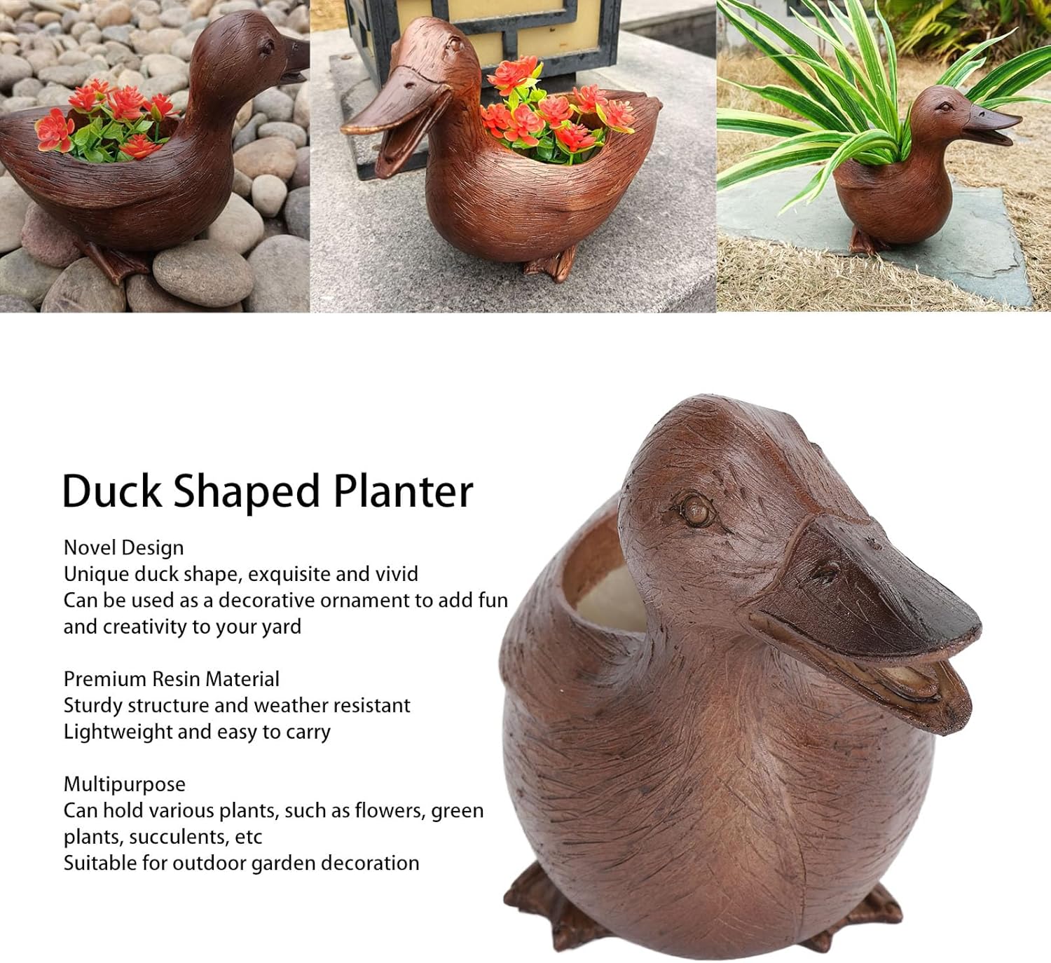 Duck Planter, Resin Animal Planter Novelty Cute Animal Flower Pot for Yard Garden Terrace Balcony, 20x10x14cm