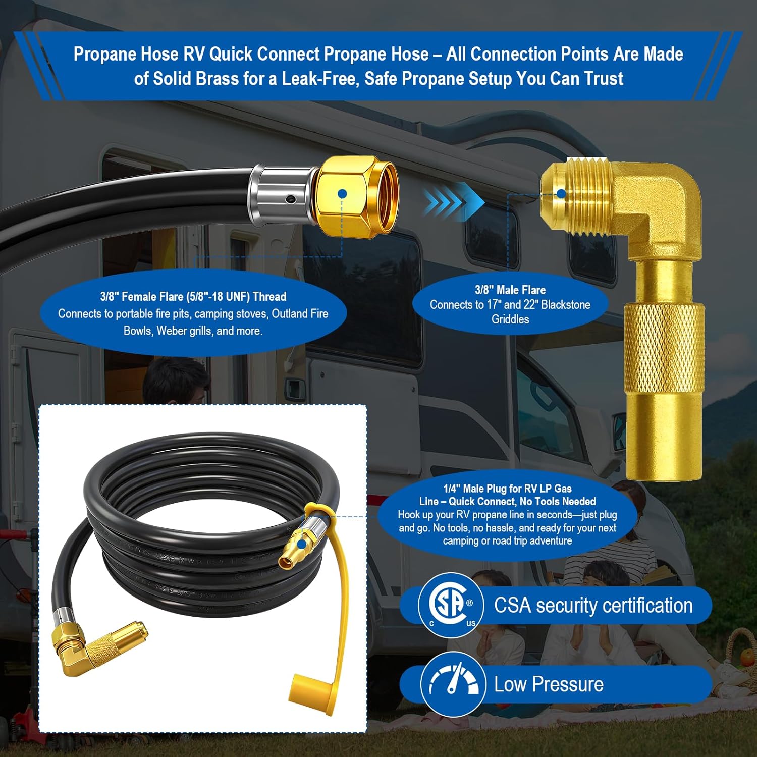 24ft RV Quick Connect Propane Hose for RV to Grill Low Pressure LP Gas Hose w/Elbow Adapter,1/4" Quick Plug x 3/8" Female Flare for Blackstone 17"/22" Griddle/Weber Grill/Camp Chef Stove/Fire Pit etc.