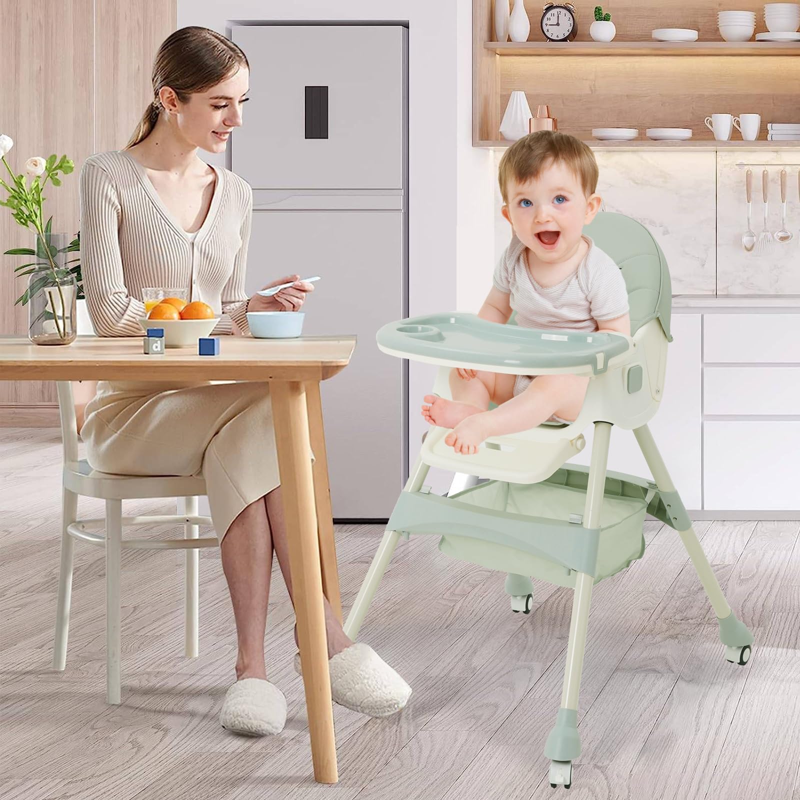 Trona Bebé Evolutiva 3 en 1,Plegable,Reclinable,Doble Bandeja Desmontable,con Ruedas Universales,3 Respaldos Ajustables y Cinturón de Seguridad de 5 Puntos,Para Bebés a partir de 6 Meses,Verde