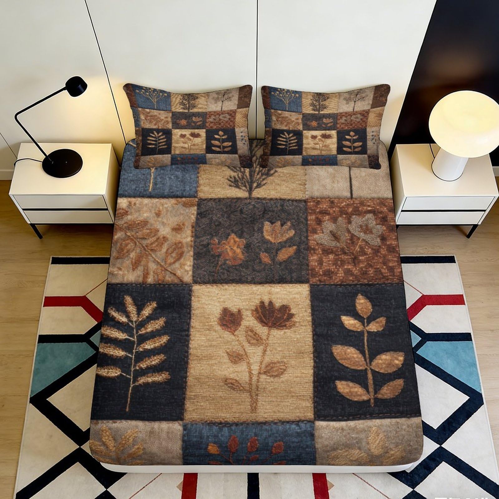3D Printed Botanical Patchwork Fitted Sheet Microfiber Non-Slip Autumn Leaves Mattress Cover Bedroom Decor 120x200x25cm
