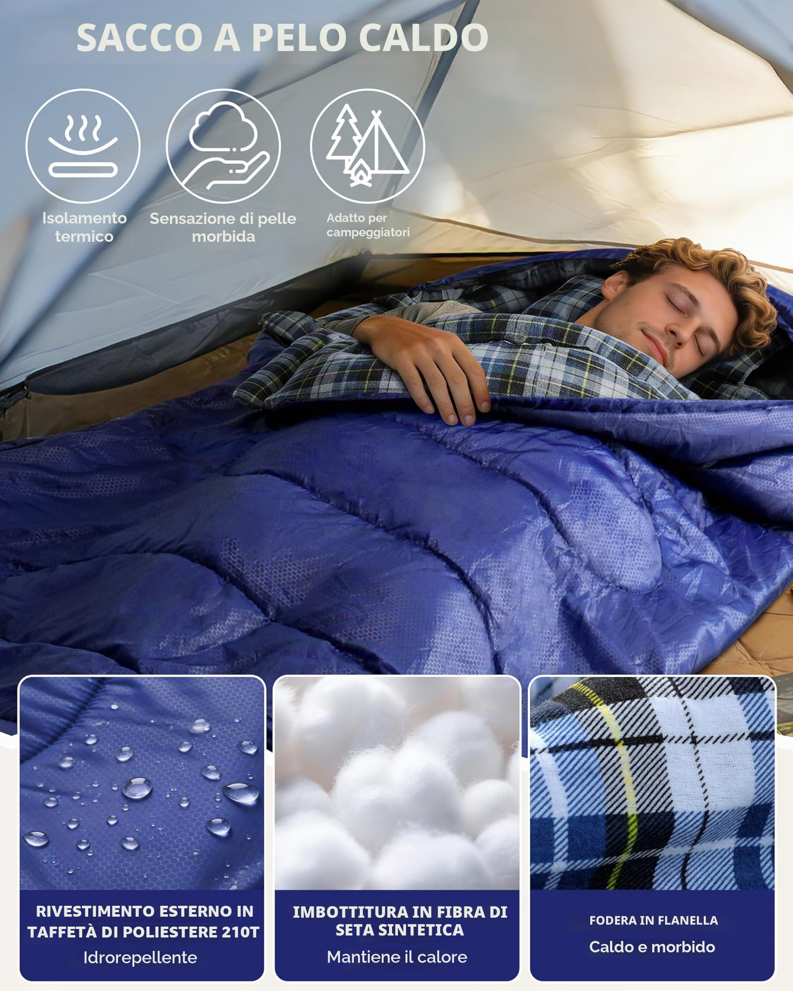 Sportneer Flanella Sacco a Pelo Invernale Per Adulti 220 x 85 cm, Sacchi a Pelo 4 Stagioni con Cappuccio Staccabile Portatile per Trekking Campeggio Alpinismo Viaggi Escursionismo