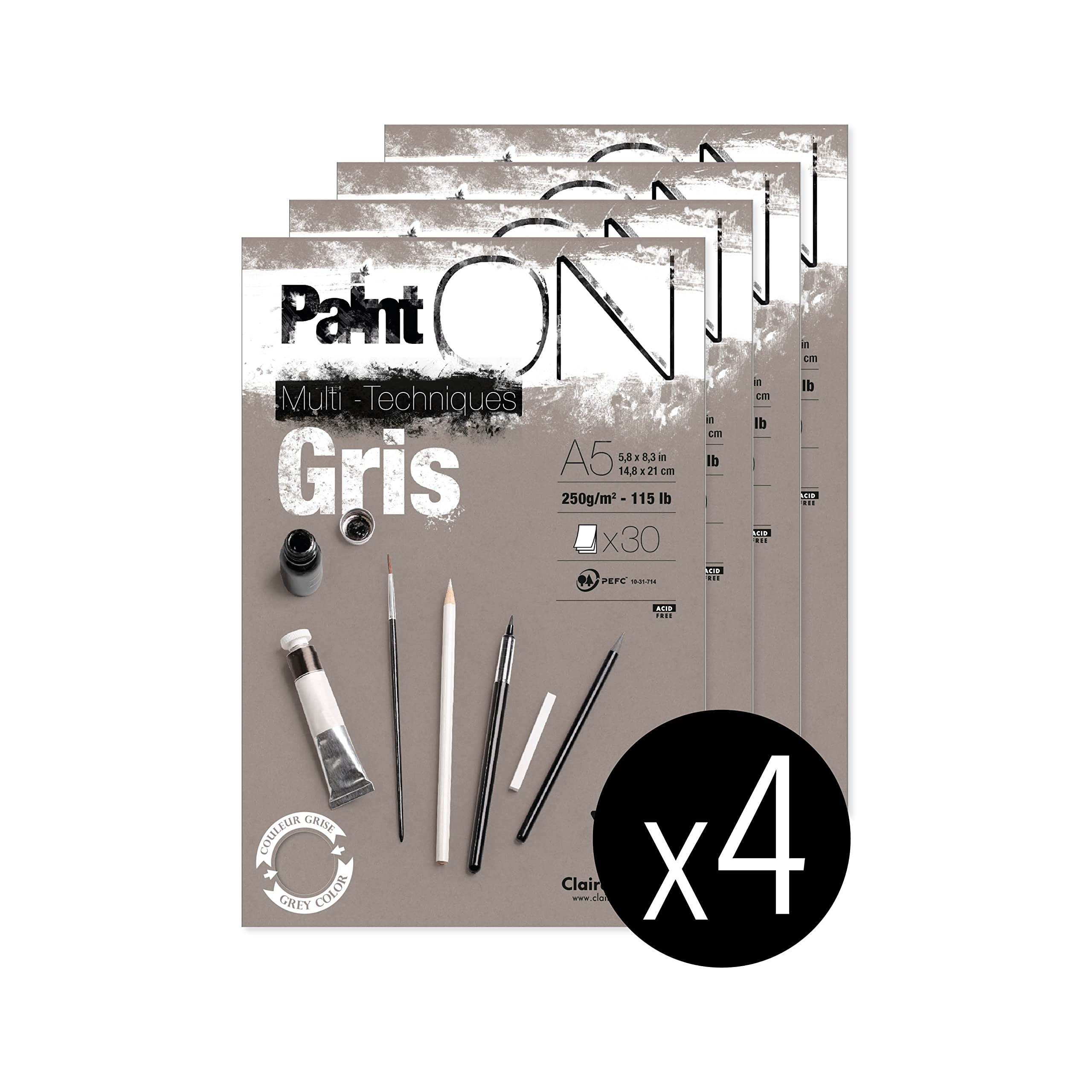 Clairefontaine 975808C - PaintON Multi-Technique Glued Pad - 30 Sheets Multi-Technique Drawing Paper Rough Grain - Grey - A5 14.8x21 cm 250g - Pack of 4