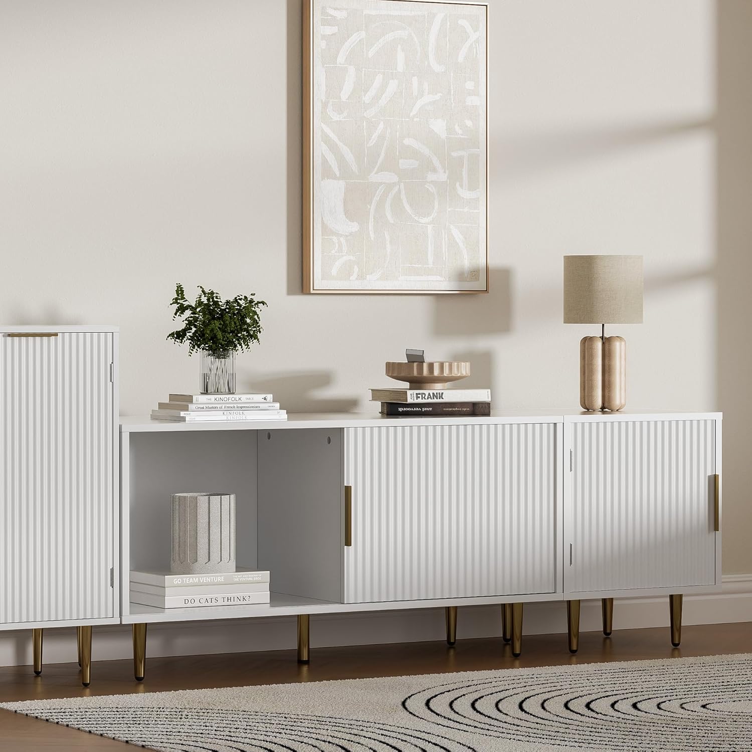 Housoul Combined Modern TV Stand for 55/60/65 inch TV, Small Fluted Entertainment Center with Adjustable Shelf, TV Media Stand with Storage Cabinet, TV Console for Living Room, Bedroom, White