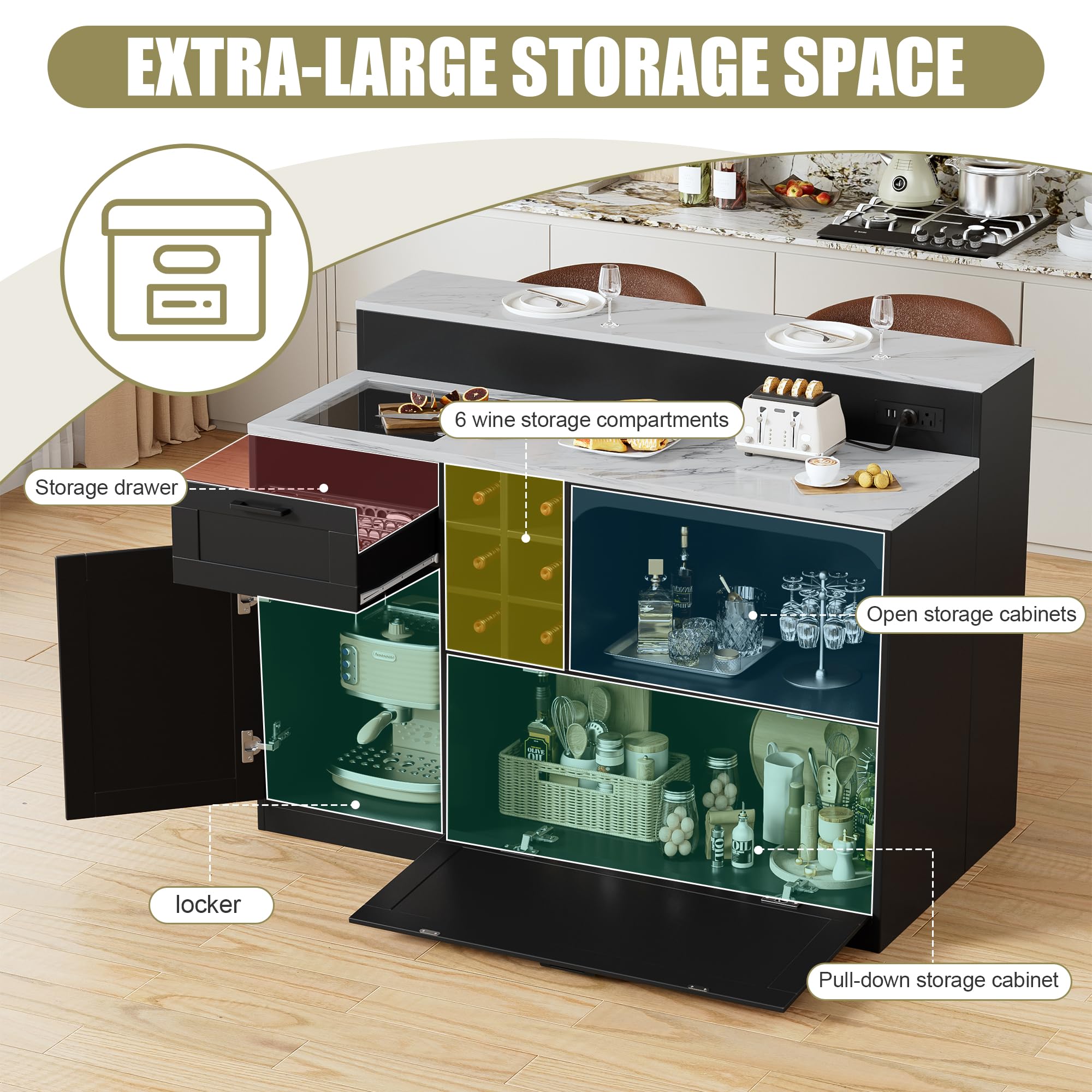 Îlot de Cuisine avec Plan de Travail et EU Prise, 2 en 1 Meuble de Rangement avec Tiroir, Placard, étagère ouverte et 6 Casier À Vin, Îlot Central Cuisine en Bois, Moderne Buffet Cuisine Rangement