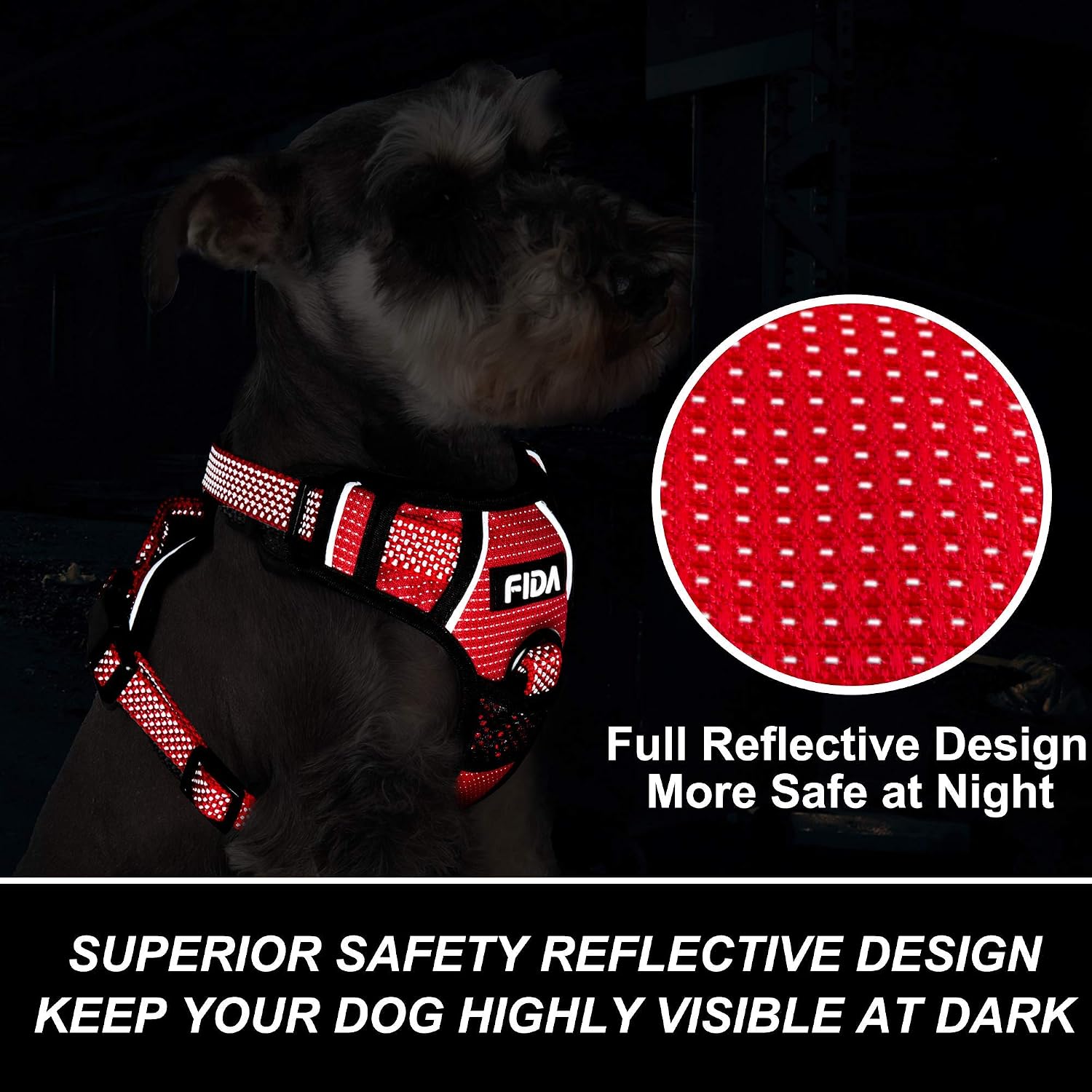 Fida Dog Harness Full Reflective Design, No-Pull Pet Vest Harness with 2 Leash Clips, Adjustable Soft Padded with Easy Control Handle for Small Dogs(Small, Red)