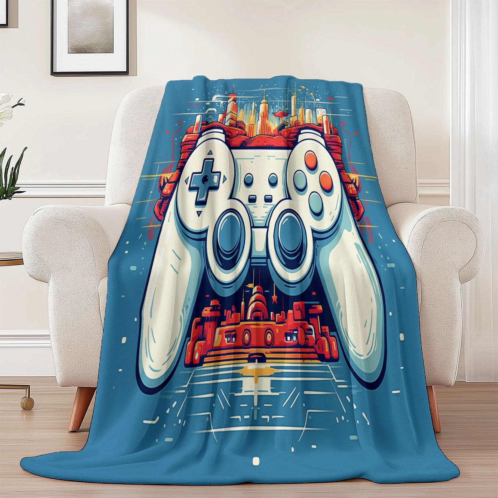 Spersonalizowany koc retro, konsola do gier, miasto, dla chłopców, dziewcząt, dzieci, piosenka na sofę, pościel, do salonu, niebiesko-czerwony, koc na baby shower, 220 x 240 cm