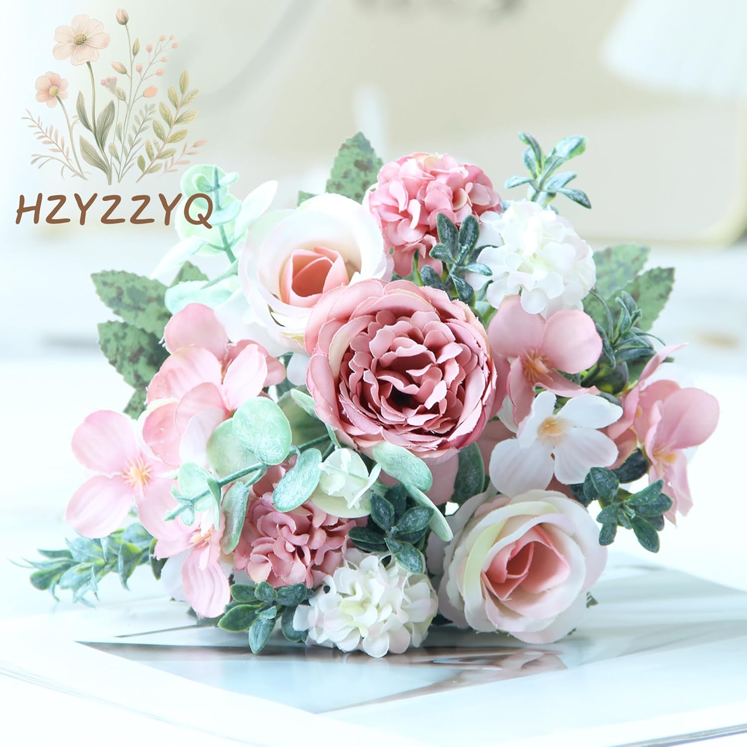 8 Pack Artificial Peony Flowers, Silk Peonies Flowers Fake Peonies Artificial Flowers Peonies Hydrangea Bouquet for Centerpiece Table Wedding Party Home Decor (8, Pink + White)
