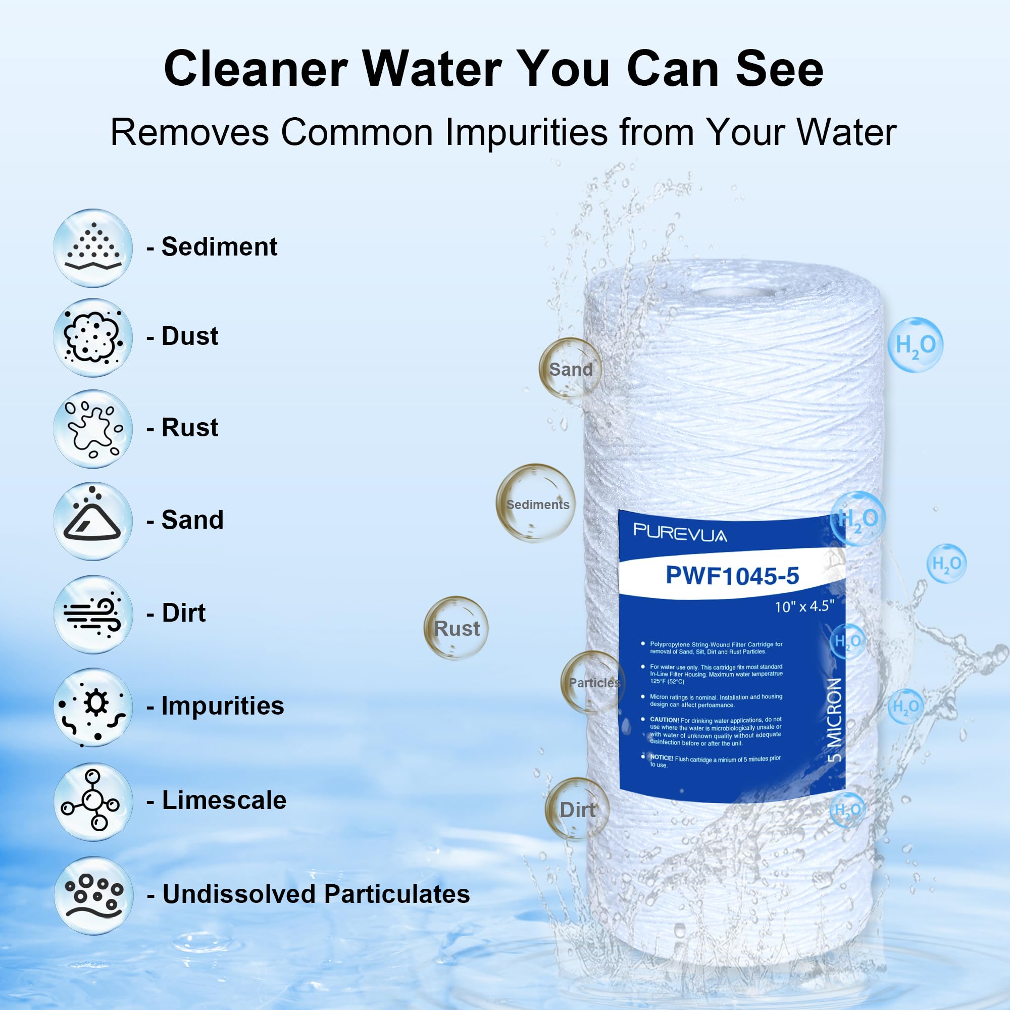 Filtro de sedimentos de cuerda de 5 micrones de 10 x 4.5 pulgadas, cartucho de filtro de agua para toda la casa para agua de pozo, compatible con WP5BB97P, RS22, SWC-45-1005, se adapta a