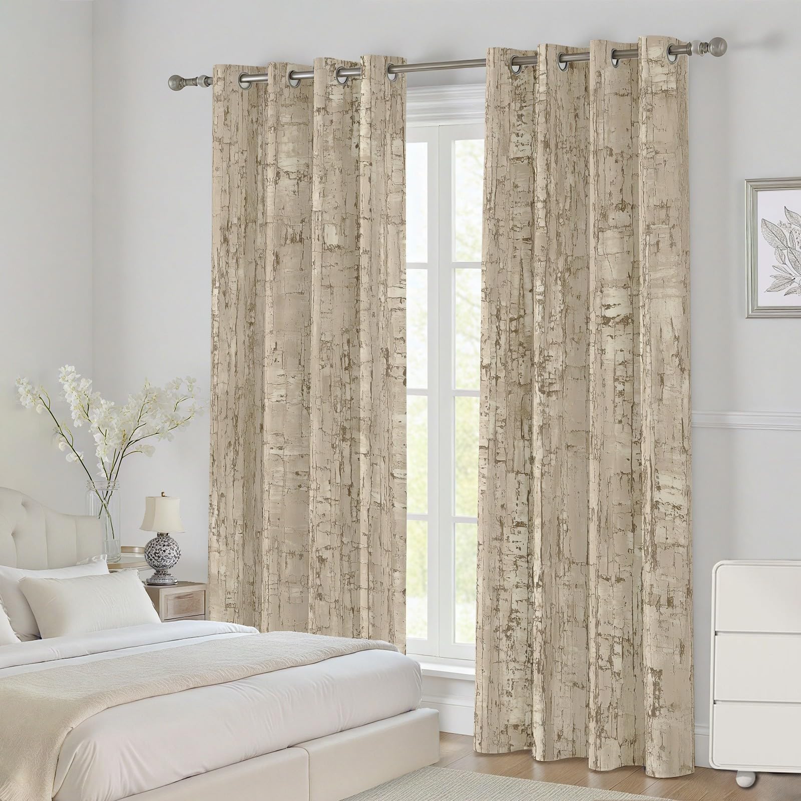 Modern Abstrakte Vorhänge, Eichenbaum Holzmaserung Gardinen Schlafzimmer Wohnzimmer, Modern Used Effekt Vorhänge mit Ösen Blickdicht, Gardinen 137 cm Hoch, Thermo Verdunklungsvorhänge 2er Set