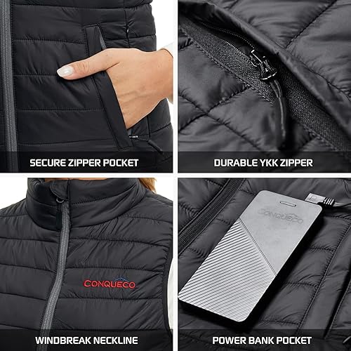 Miniatura 7 de CONQUECO Chaleco calefactable, chaleco térmico ligero para mujer con batería