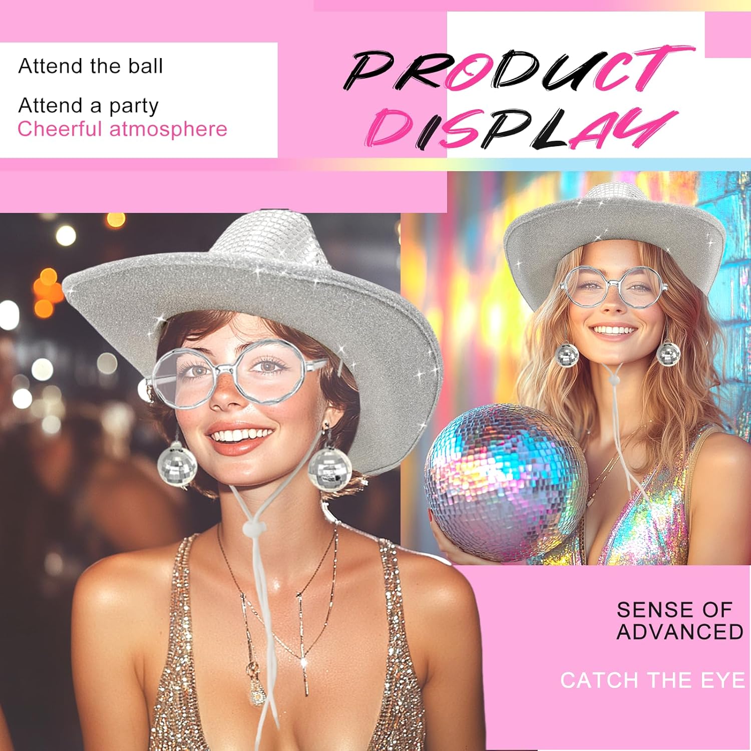 Disco Ball Western Cowboy Hat with Disco Sunglass, Sparkly Mirrored Cowgirl Hat for Women Men Costume Cosplay Party - Image 5