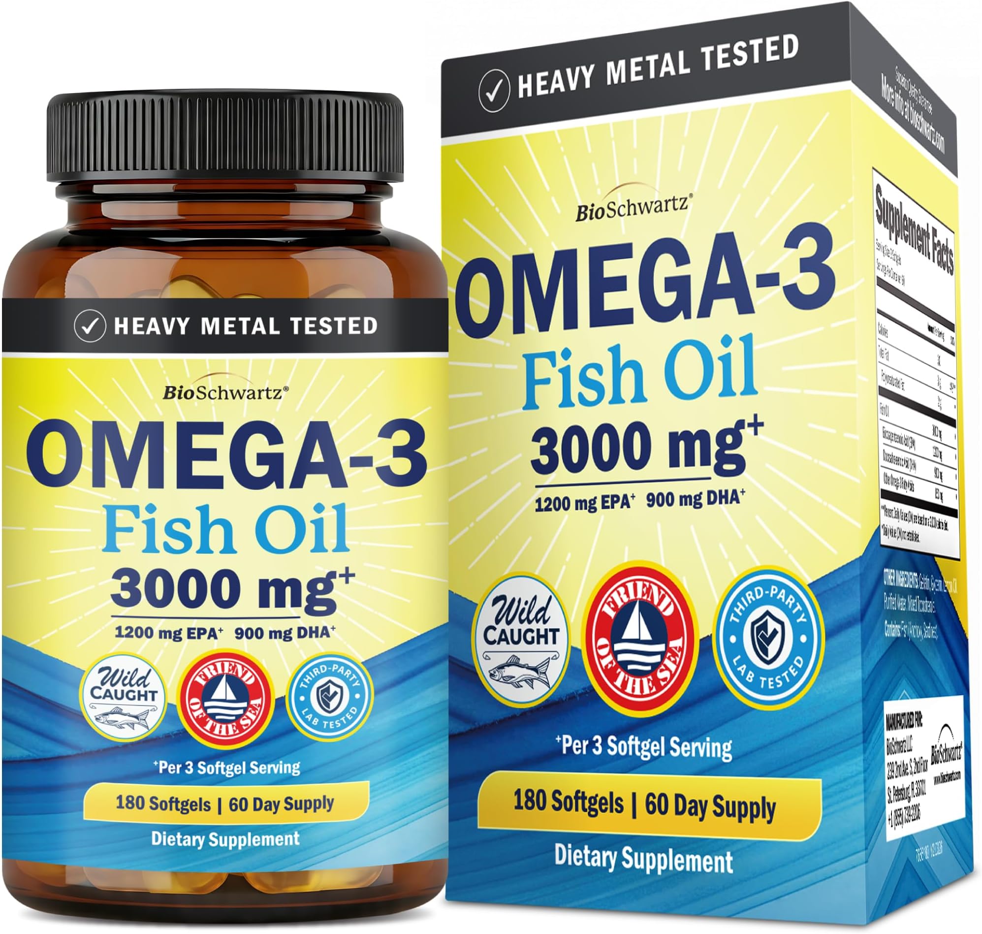 Triple Strength Omega 3 Fish Oil 3000mg for Women and Men, 180 Softgels | High Potency Omega 3 Supplement, Burpless Lemon Flavor Fish Oil - 2250mg Essential Fatty Acids with DHA & EPA, Wild Caught