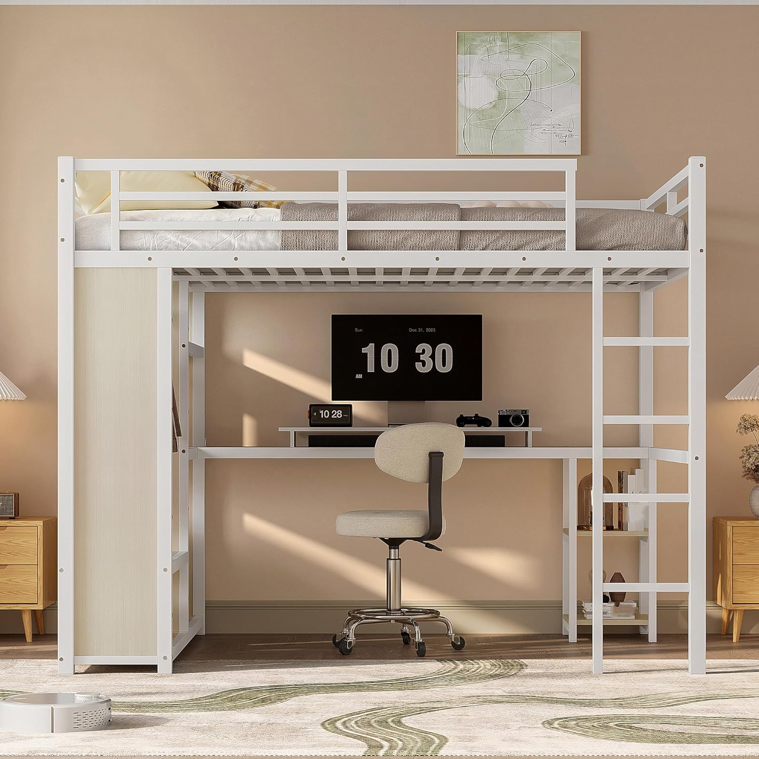 Queen Size Metal Loft Bed with Desk, Modern Queen Bed Frame with Storage Shelves and Wardrobe, Versatile High Loft Bedframe with Full-Length Guardrails,Space-Saving and Noise-Free Design, White