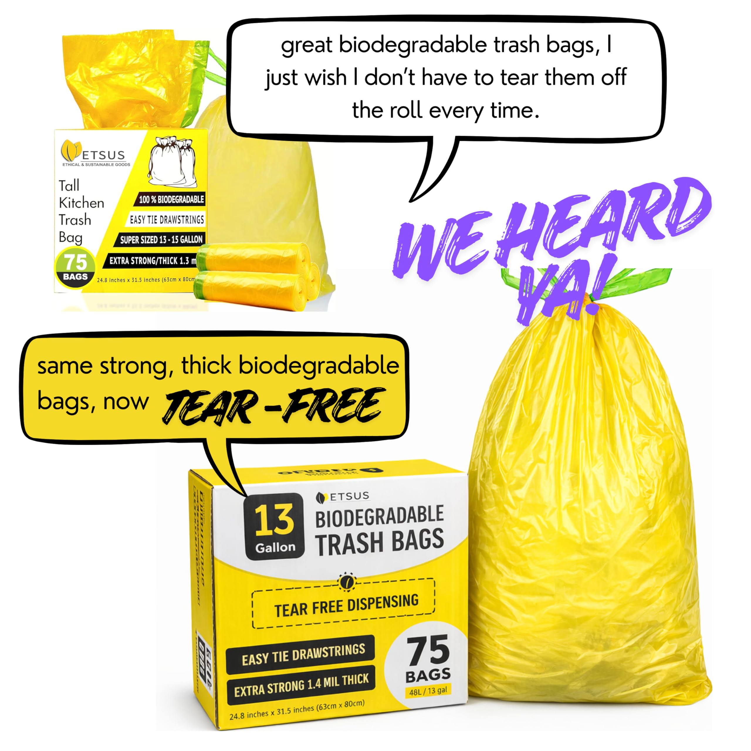 ETSUS 75 bolsas de basura grandes biodegradables para cocina, baño, coche, oficina