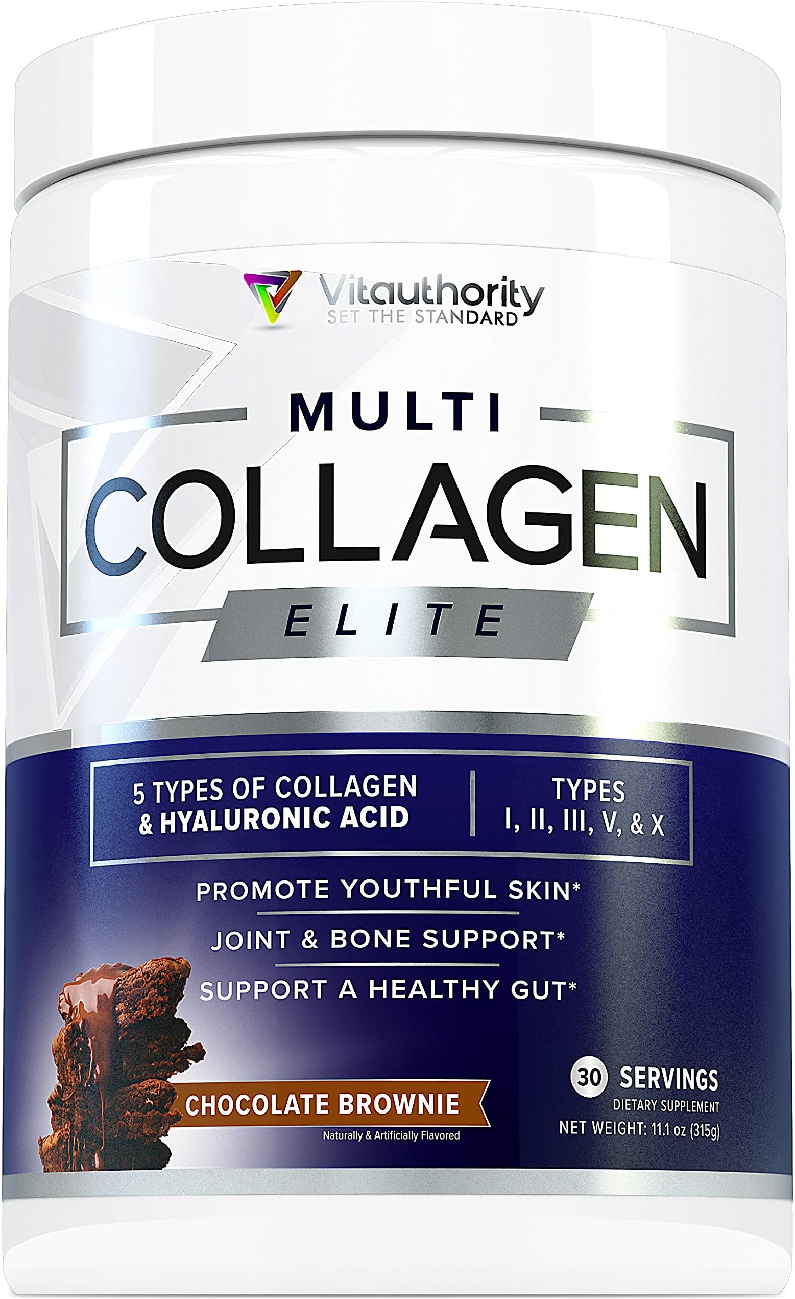 Multi Collagen Elite Chocolate Brownie Collagen Protein Powder: Multiple Source Grass-Fed Hydrolyzed Collagen Peptides with Vitamin C and Hyaluronic Acid, Types I II III V X, Anti-Aging Powder, 30srv