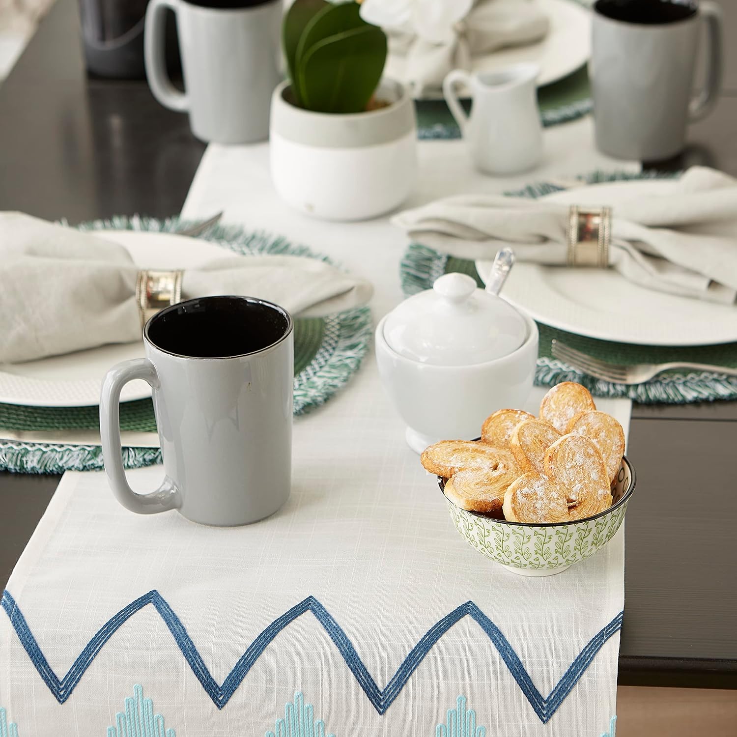 DII Polyester Embroidered Table Runner for Spring Garden Party, Summer BBQ, Baby Showers and Everyday Use - 14x70, Chevron on White Base