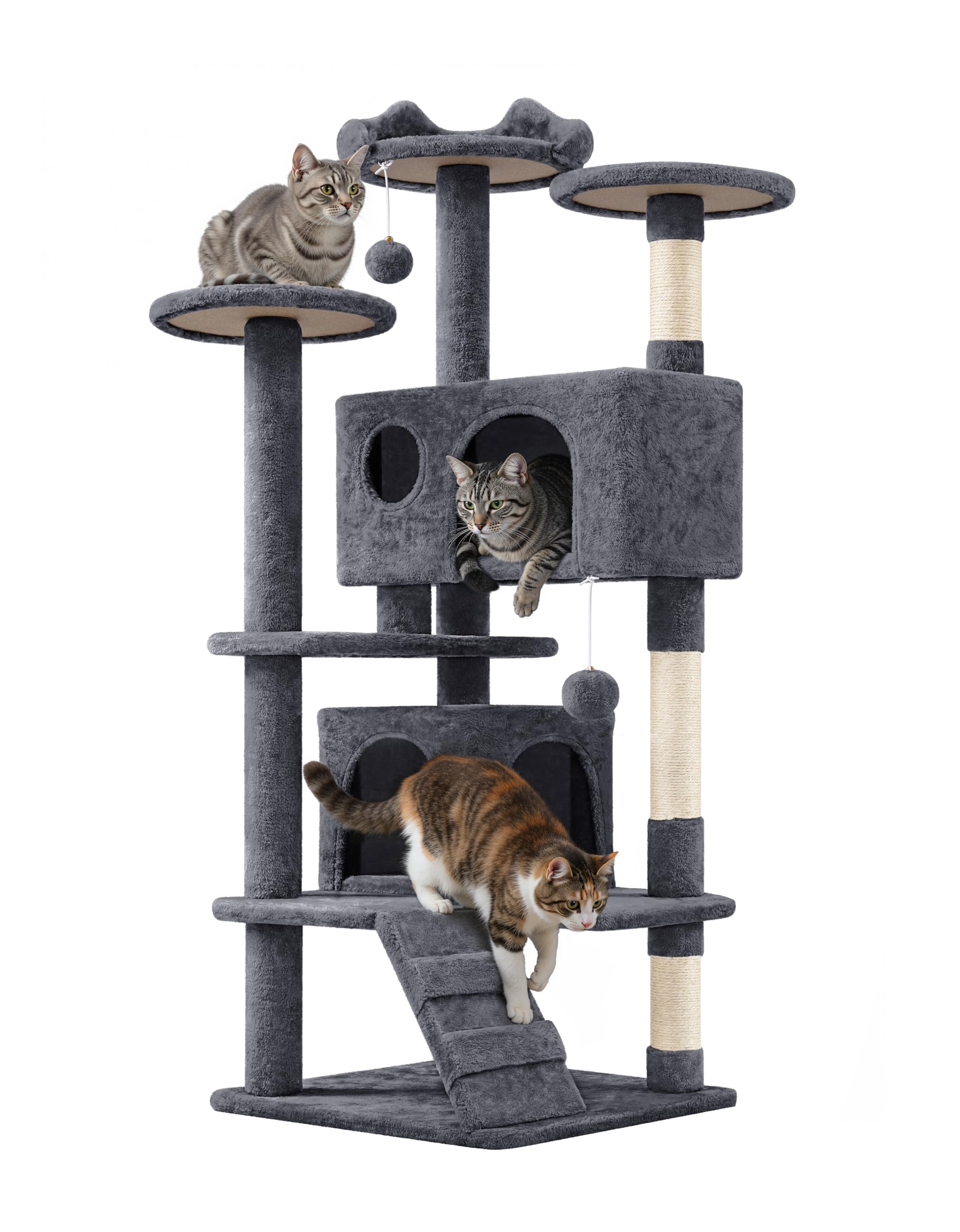 Yaheetech Árbol Rascador para Gatos 139cm con 3 Plataformas 2 Nidos 2 Pompones Torre de Escalador con Postes en Sisal Ideal para 3-4 Gatos Gris Oscuro The Forest Stewardship Council