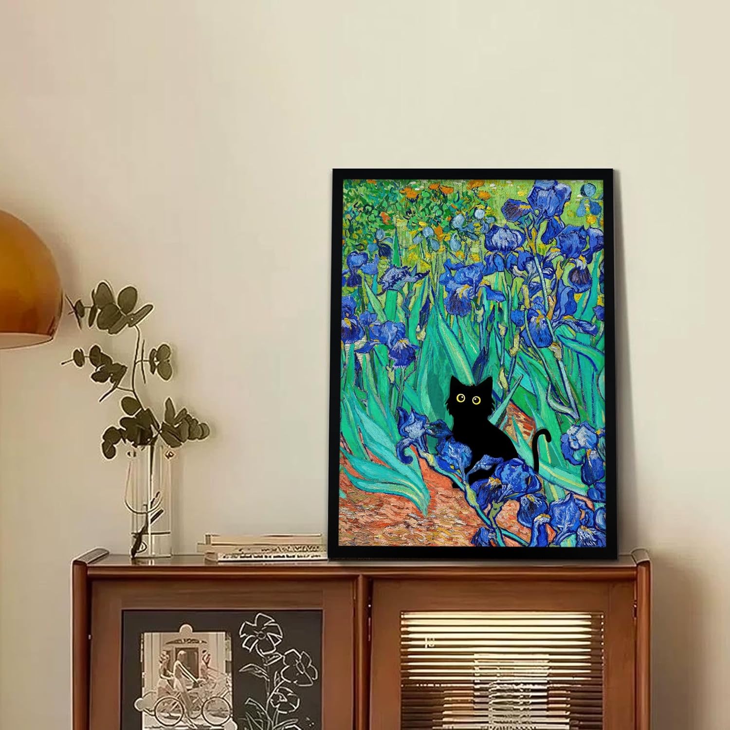 Fantasy Artists Van Gogh Irises Cat Wall Art, Framed Vintage Garden Canvas Wall Decor, Funny Black Cat Poster Prints, Paintings,Bathroom,bedroom,Living Room Artwork Decorations 12" Wide X 16" Height