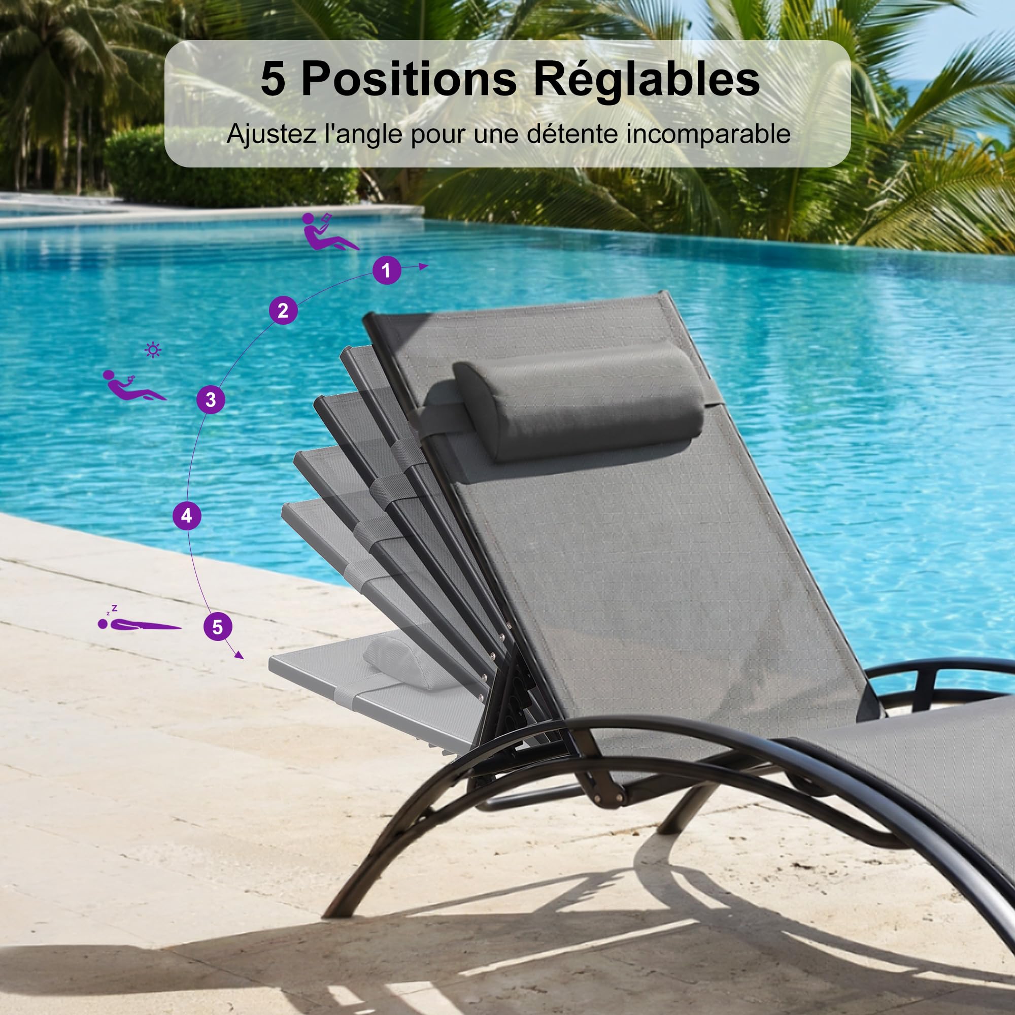 PURPLE LEAF Lot de 2 Bains de Soleil Aluminium XL Gris avec Table Transats
