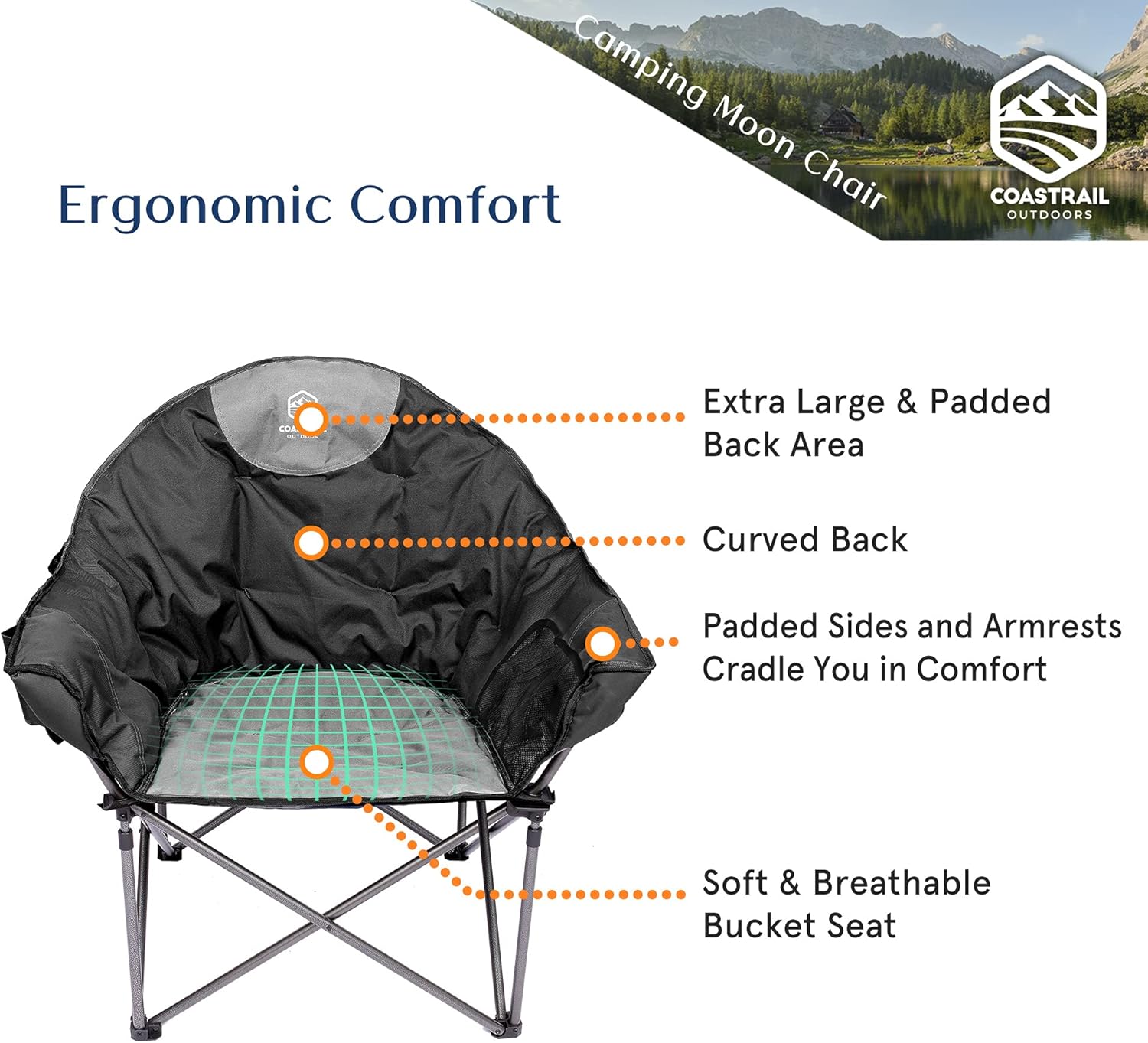 Coastrail Outdoor Oversized Padded Camping Chair Round Moon Saucer Folding Chair Outdoor Club Chair with Cup Holder, Supports 350lbs,Black&Grey,Compact : Everything Else