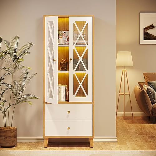 Miniatura 4 de Tribesigns Estantería de 63 pulgadas de alto con puertas, estantería grande independiente con luces LED, estanterías de madera con 2 cajones y 3