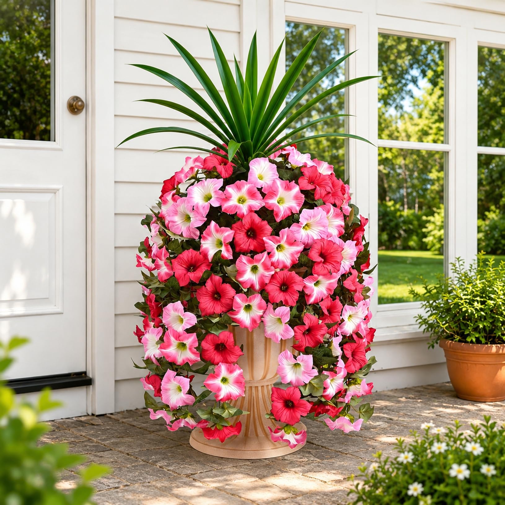 ATAVSADN Artificial Flowers for Outdoors, 6 Bundles UV Resistant Fake Plants Outside, Faux Hanging Flowers with Morning Glory & Orchid Leaves, for Porch Planters Garden Patio Wall Decor
