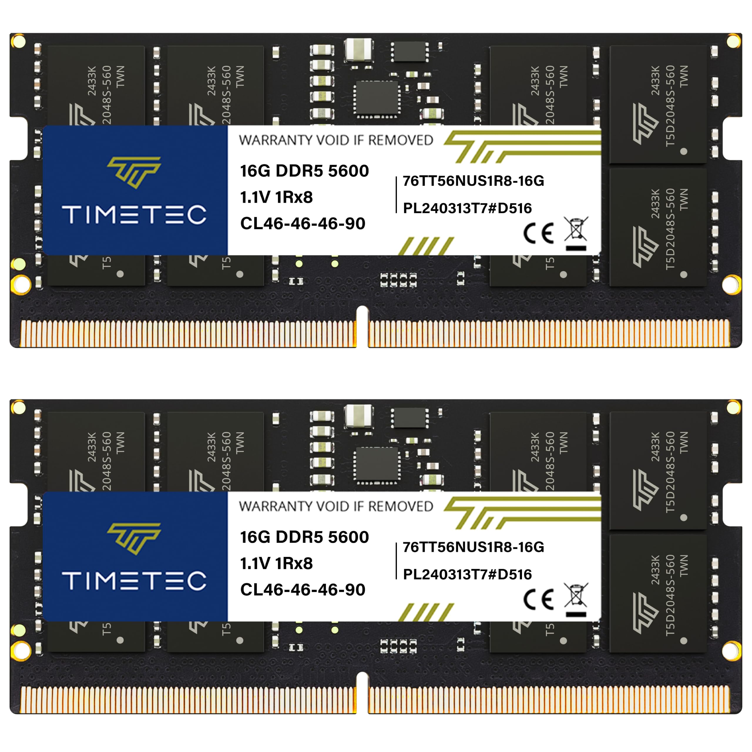 Timetec 32GB KIT(2x16GB) DDR5 5600MHz PC5-44800 Unbuffered Non-ECC 1.1V CL46 1Rx8 Single Rank 262 Pin SODIMM Laptop Memory RAM Module Upgrade