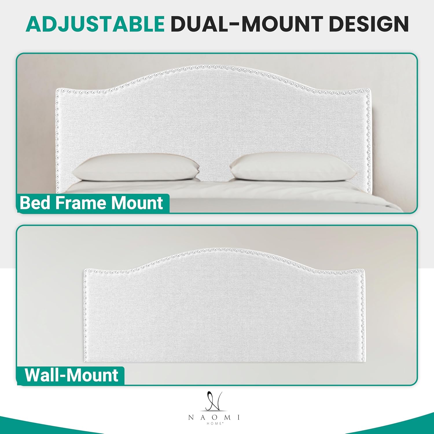 Naomi Home Catalina Full Size Bed Headboard, Square Tufted, White Linen Fabric, Height Adjustable 42"-52", Metal Legs, Wall/Bed Mount