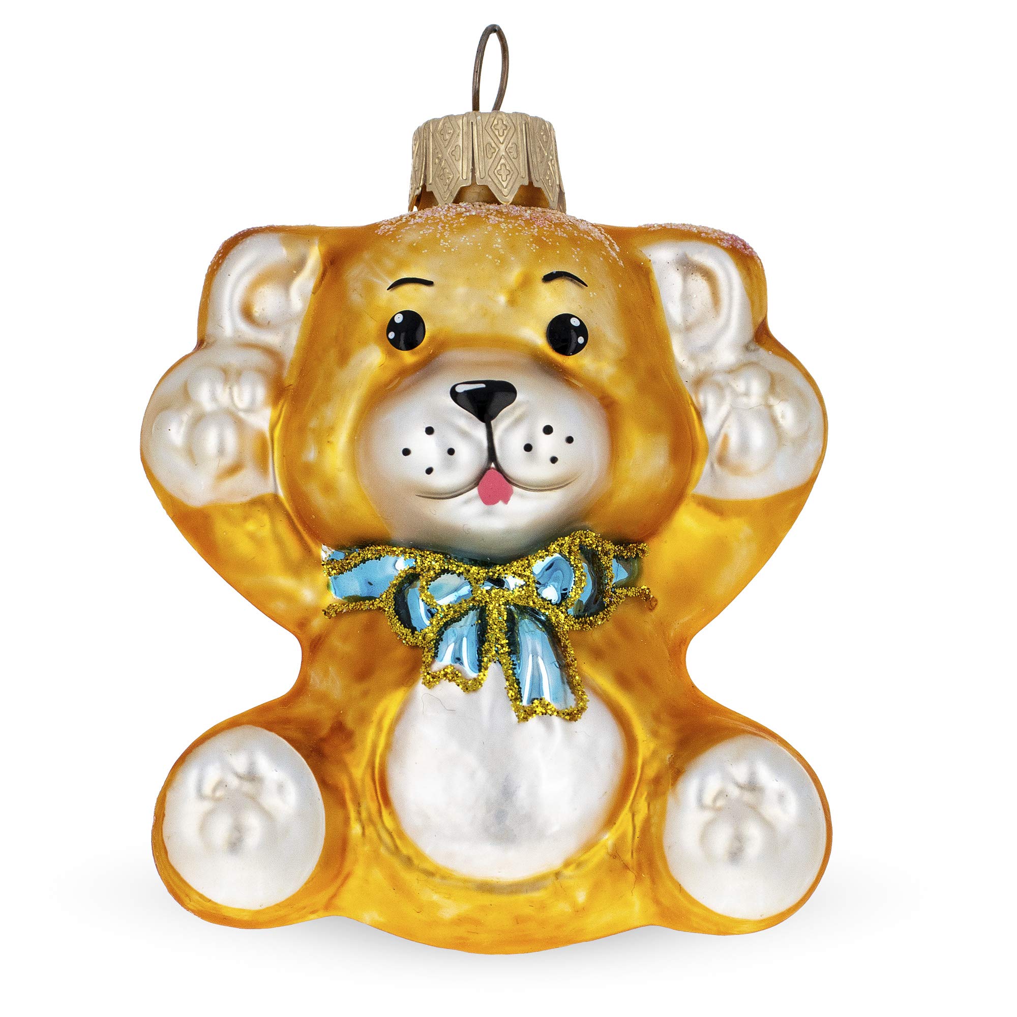 BestPysanky Teddy Bear with Blue Bow Glass Christmas Ornament