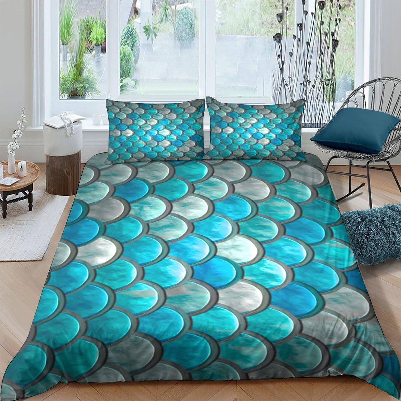 Ctjqhvkz Style-9 3D Printed Ocean Blue Scales Fitted Sheet Microfiber Soft Non-Slip Mattress Cover For Bedroom Guest Room Easy Care Single（135X200cm）