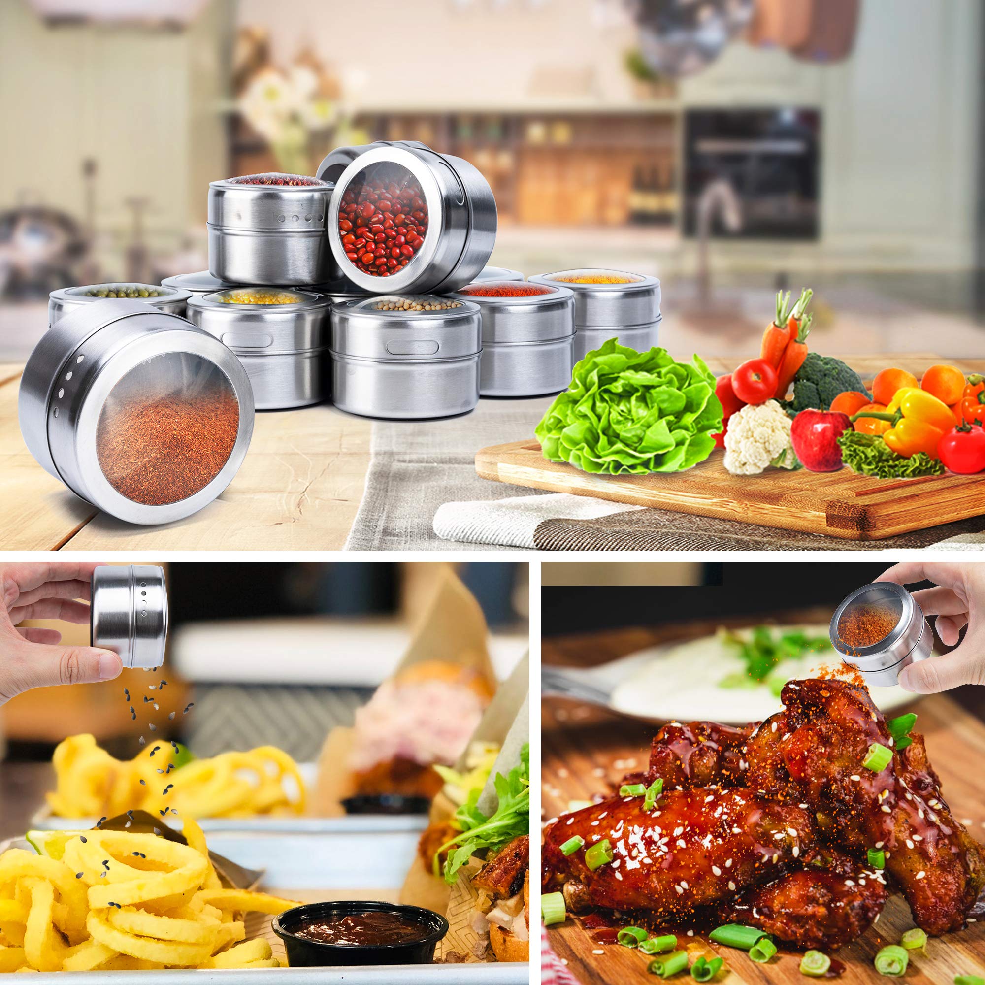 ILEBYGO Spice Tins 12pcs Stainless Steel Spice Jars with Wall