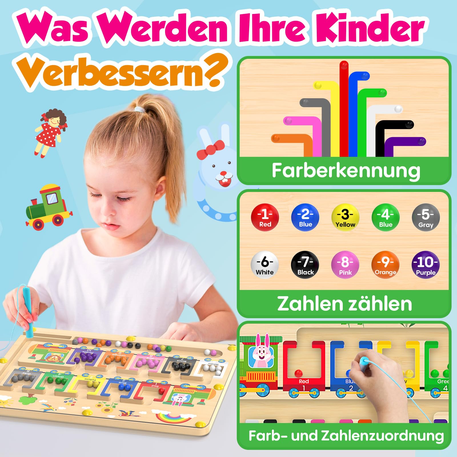 Jeu Montessori Labyrinthe Magnétique – Chiffres Et Couleurs – Planche En Bois 11,6″ – Dès 3 Ans