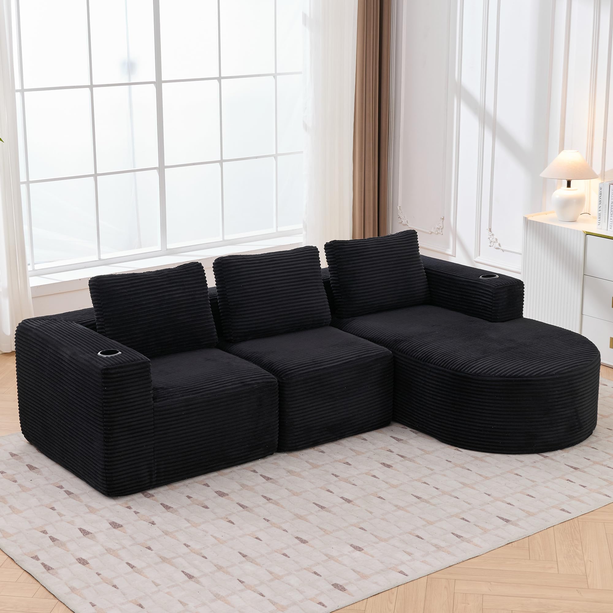 258cm Canapé d'angle en L, 3 Places, pour Salon et Appartement, Canapé Modulaire avec Méridienne en Courbe, 3 Coussins, Canapé Compressé en Velours Côtelé