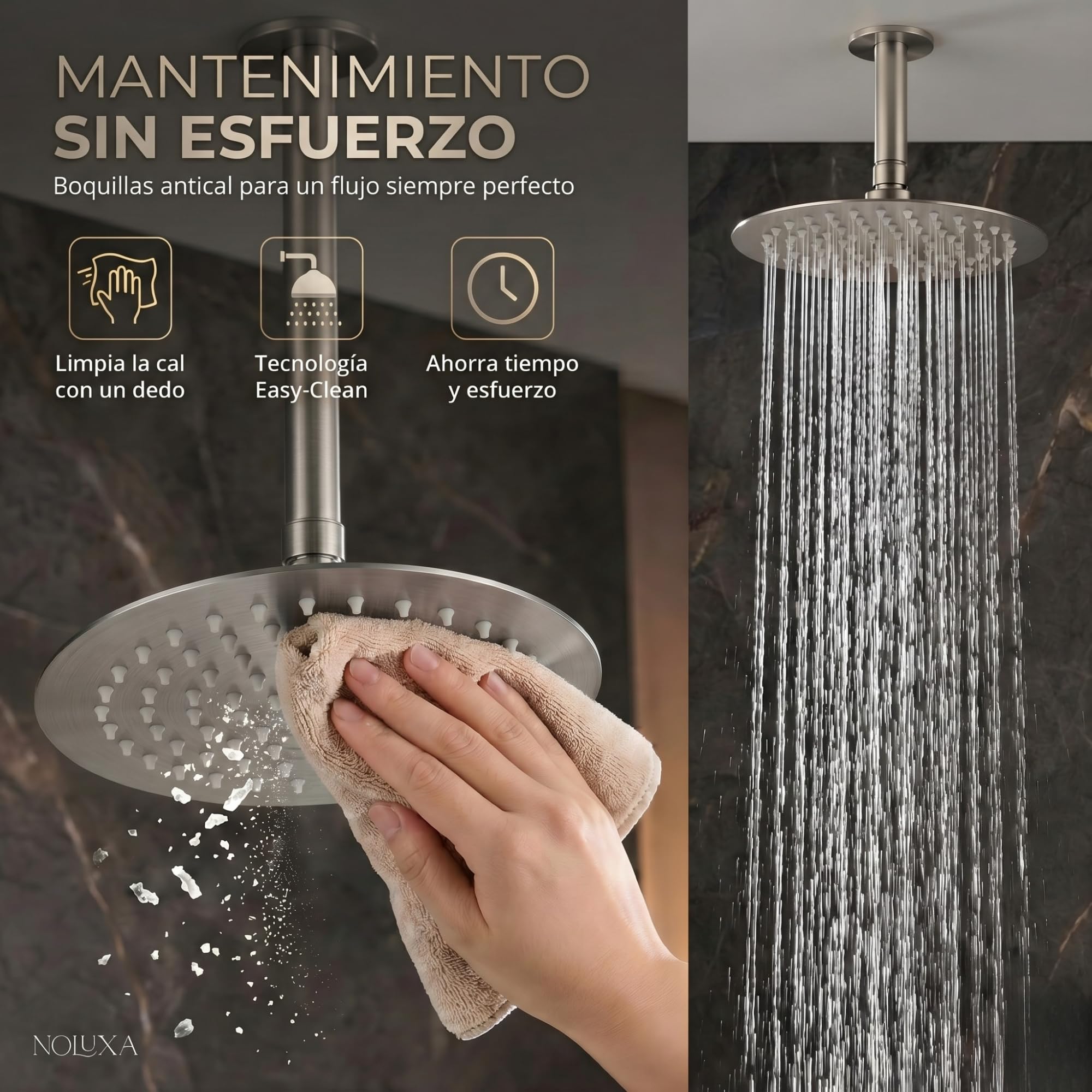 IMEX - Ducha Empotrada Techo Termostática Níquel | Conjunto Empotrado de Grifería con Alcachofa y Rociador Antical Efecto Lluvia | Ducha Empotrada con Grifo en Latón y Acero Inox S.304