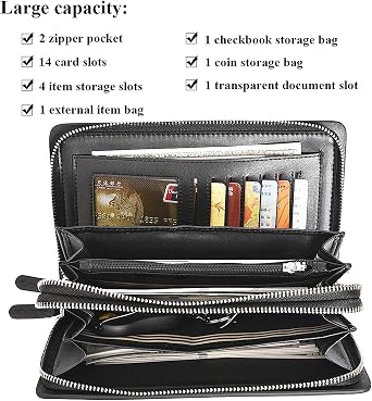 Leather Men Clutch Bag Long Wallet Purse Card Holder Case Business Large Clutch with Double Zip Handbag